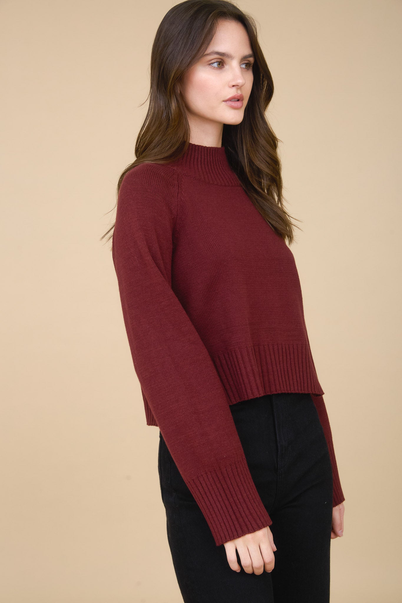 MOCK NECK LONG SLEEVE KNIT CROPPED PULLOVER