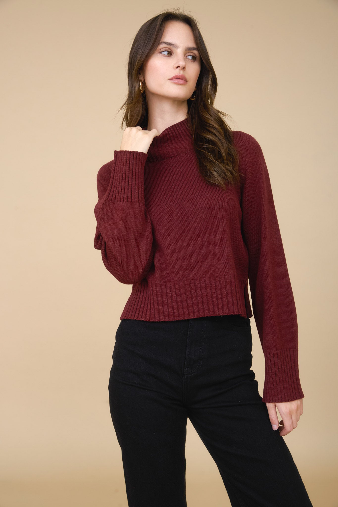 MOCK NECK LONG SLEEVE KNIT CROPPED PULLOVER