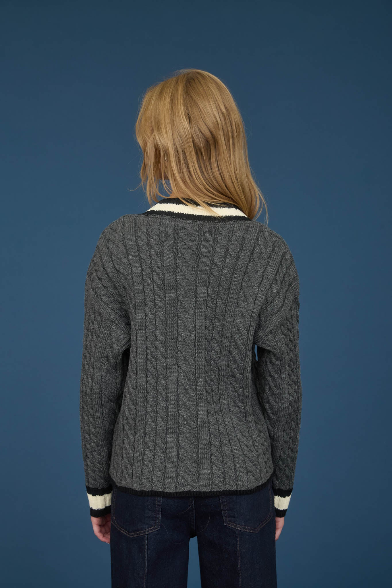 CONTRAST STRIPE TRIM CABLE KNIT BOYFRIEND CARDIGAN