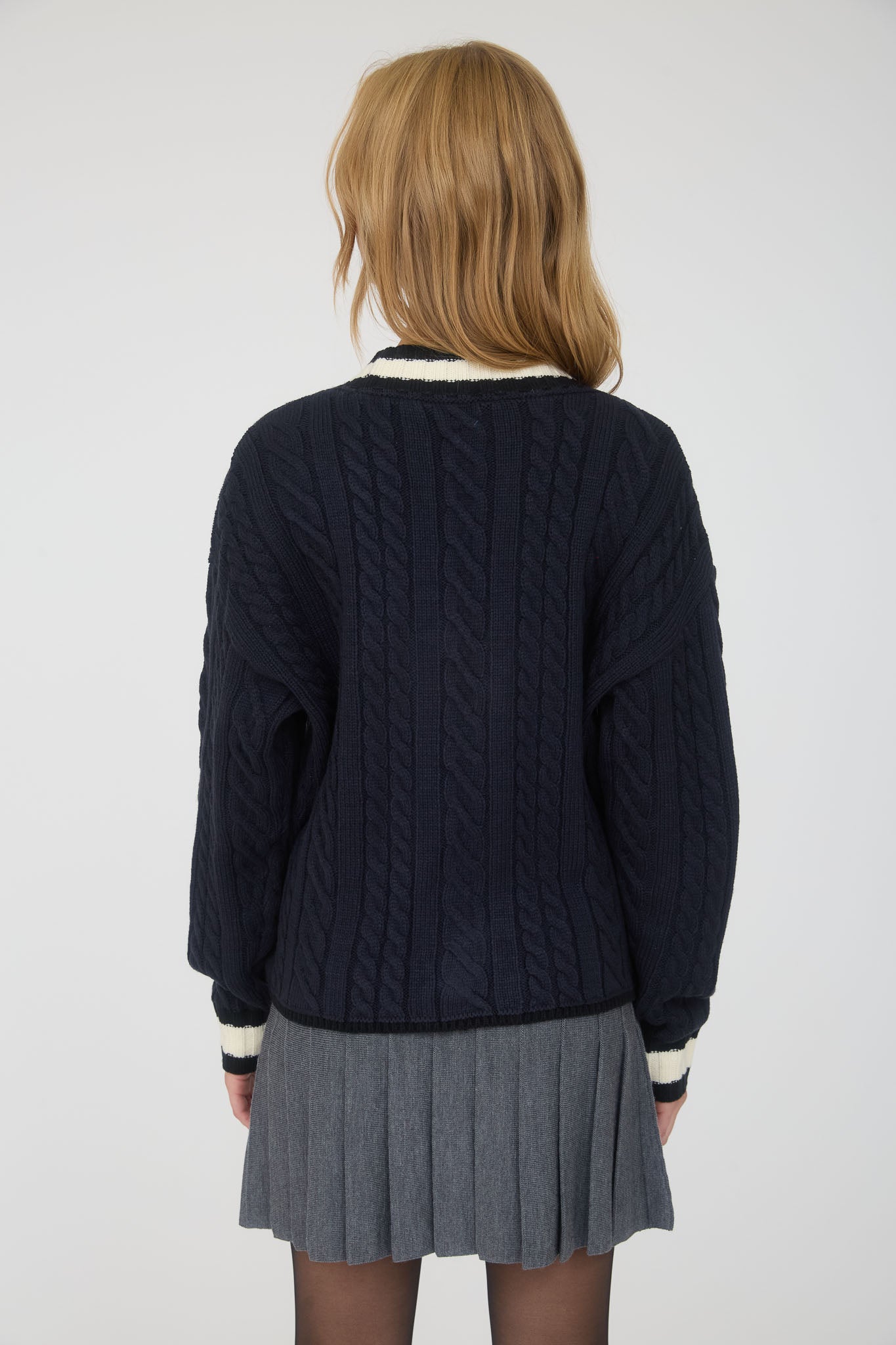 CONTRAST STRIPE TRIM CABLE KNIT BOYFRIEND CARDIGAN
