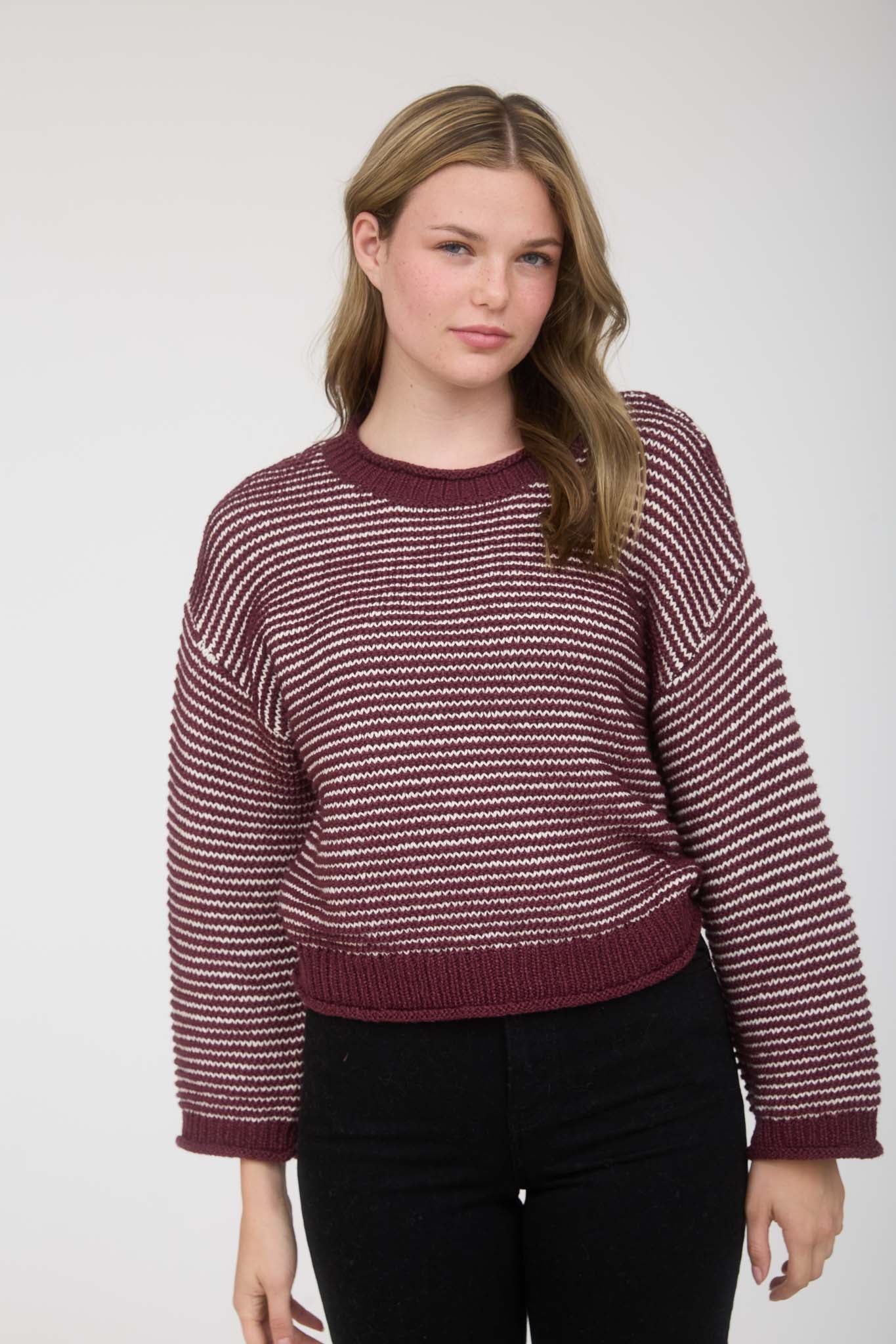 STRIPE RAW EDGE DETAIL LONG SLEEVE KNIT SWEATER