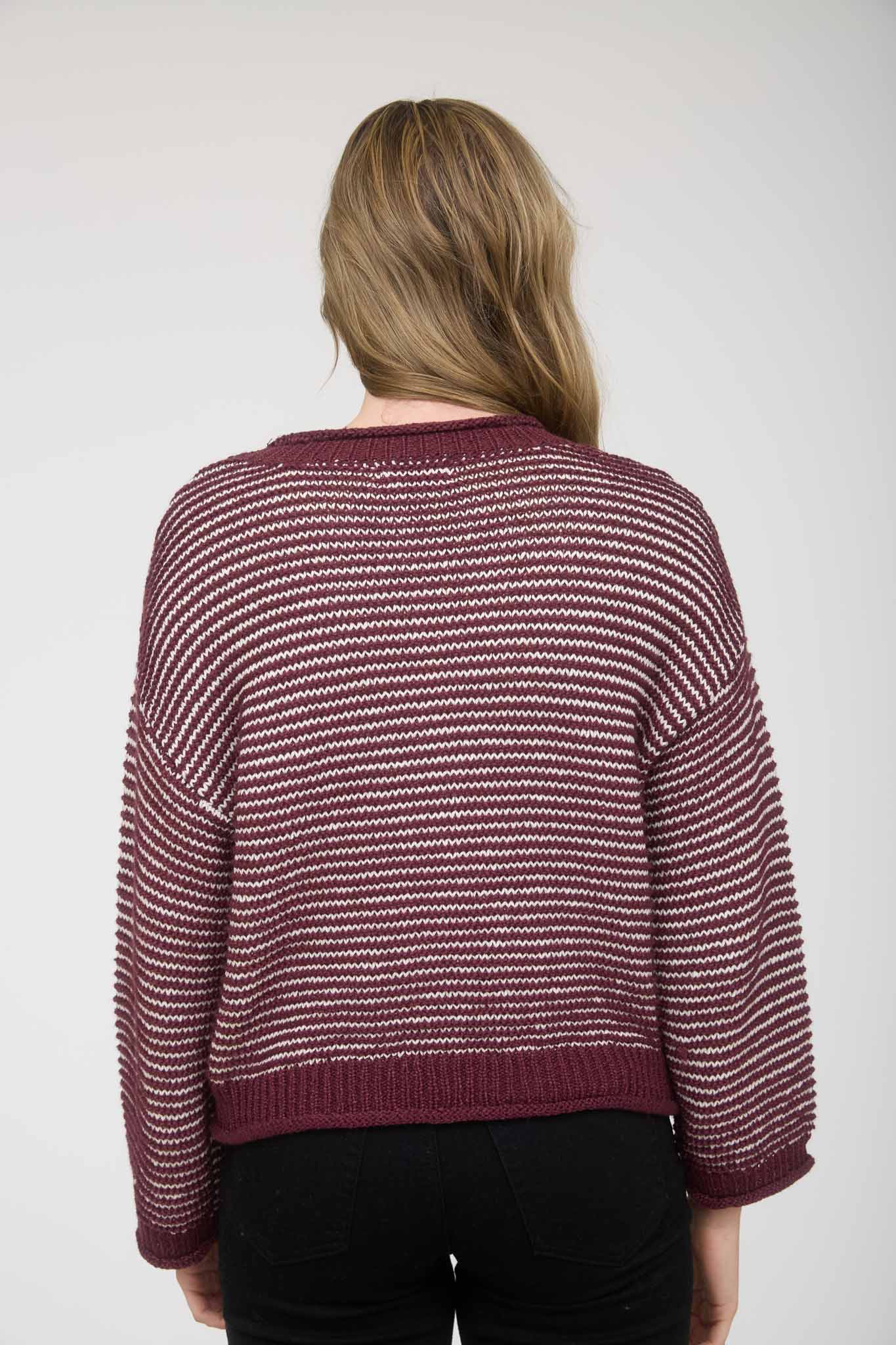 STRIPE RAW EDGE DETAIL LONG SLEEVE KNIT SWEATER