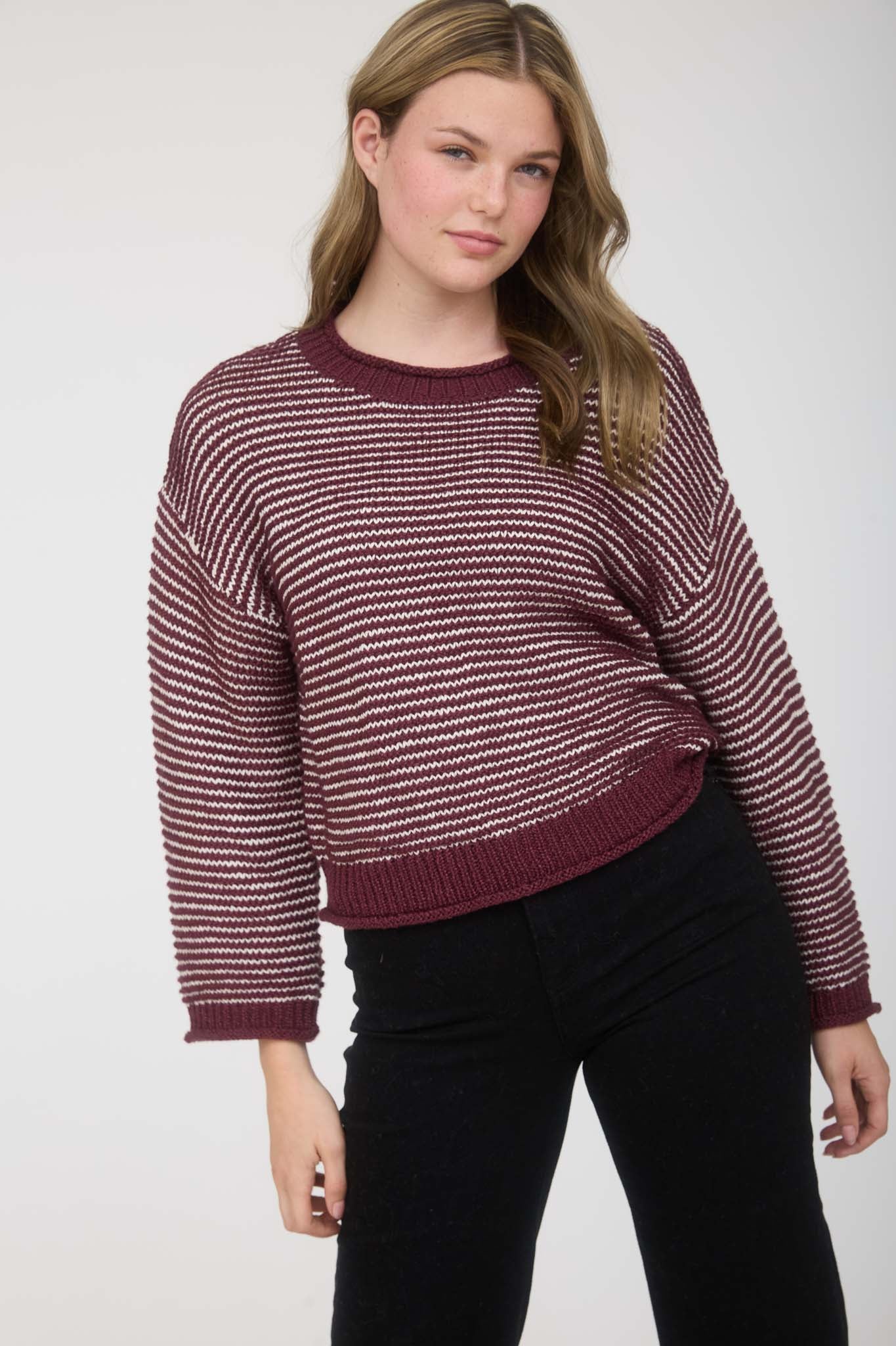STRIPE RAW EDGE DETAIL LONG SLEEVE KNIT SWEATER