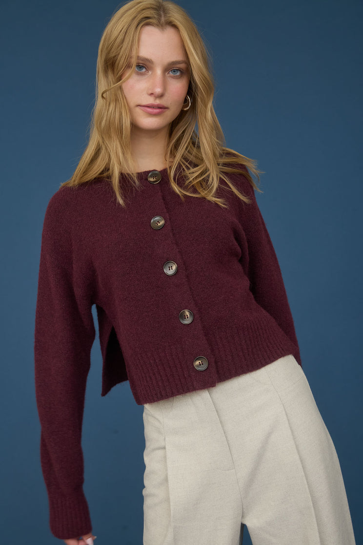 FUZZY KNIT BUTTON DOWN SIDE SPLIT KNIT CARDIGAN