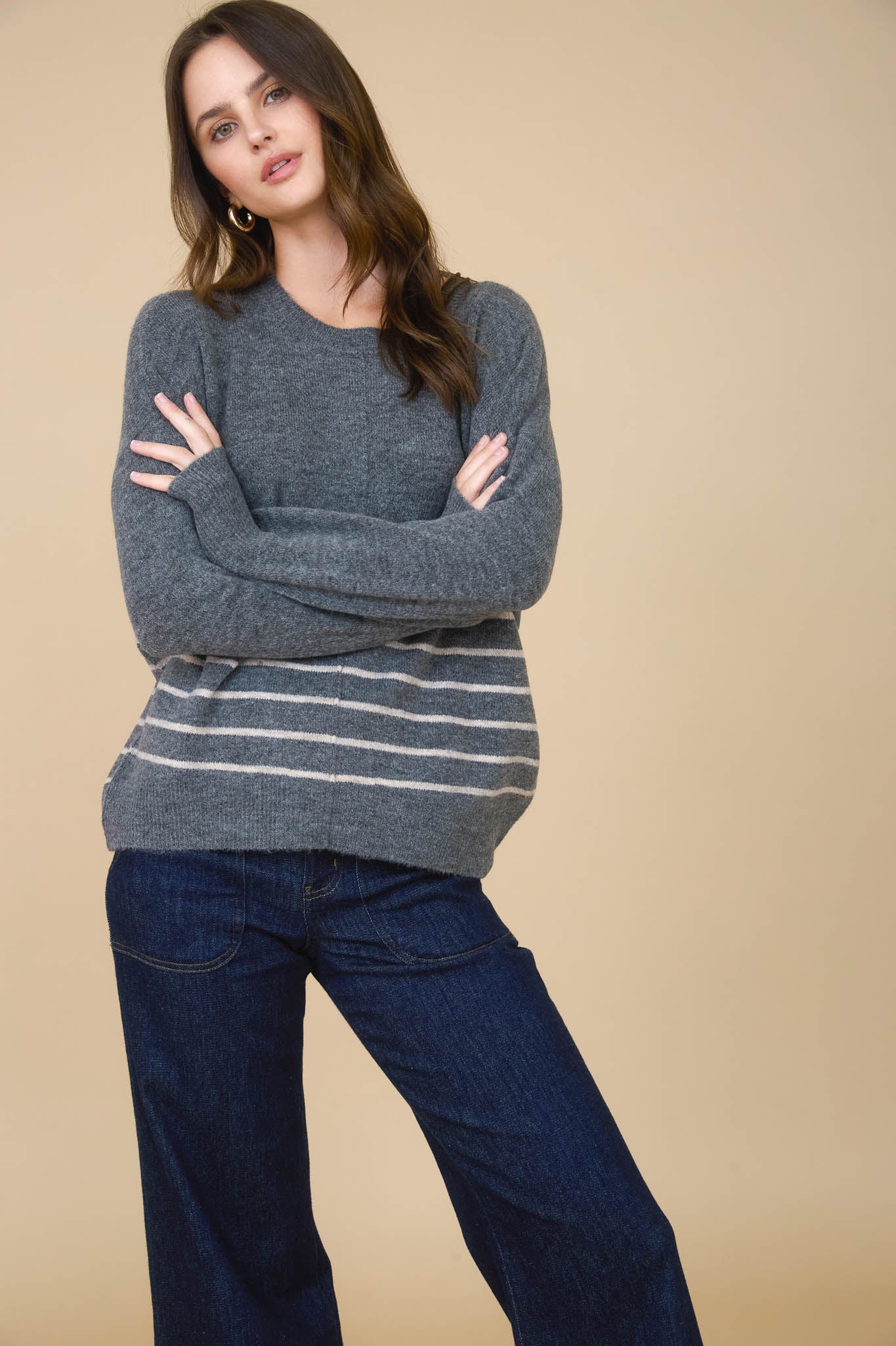 STRIPE FRONT SEAM DETAIL LONG SLEEVE SWEATER