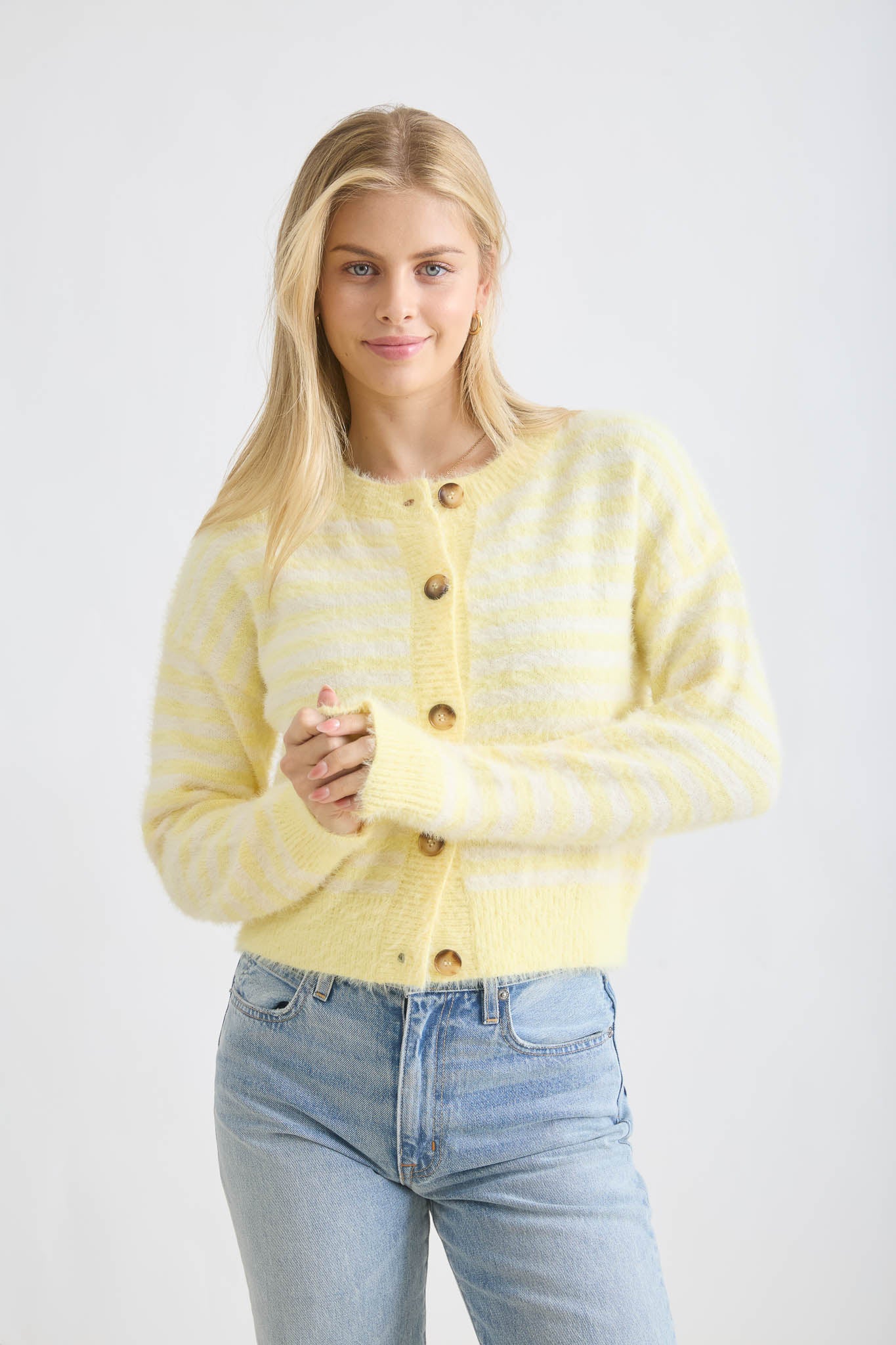 STRIPE ROUND NECK BUTTON DOWN FUZZY KNIT CARDIGAN