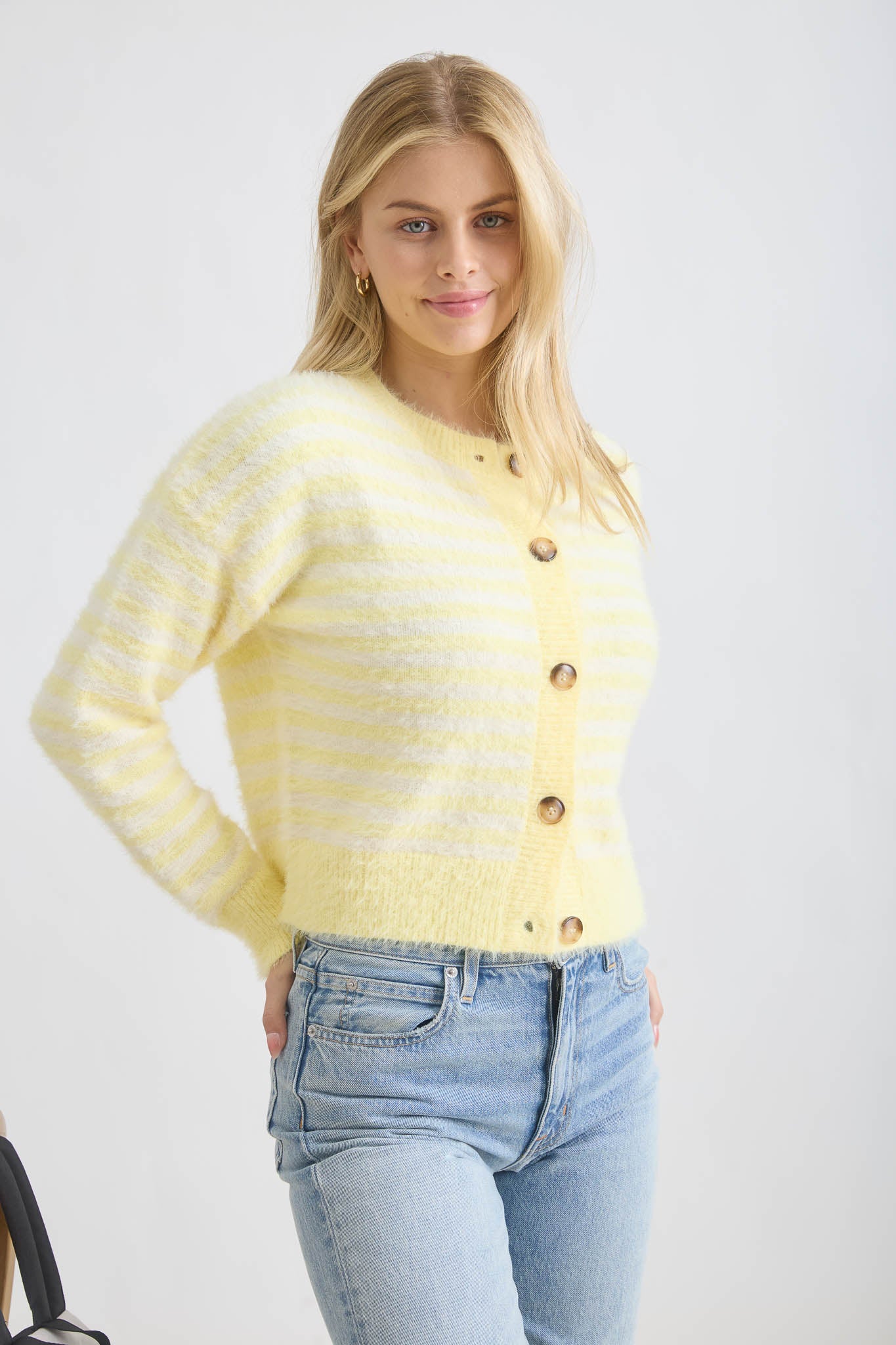 STRIPE ROUND NECK BUTTON DOWN FUZZY KNIT CARDIGAN