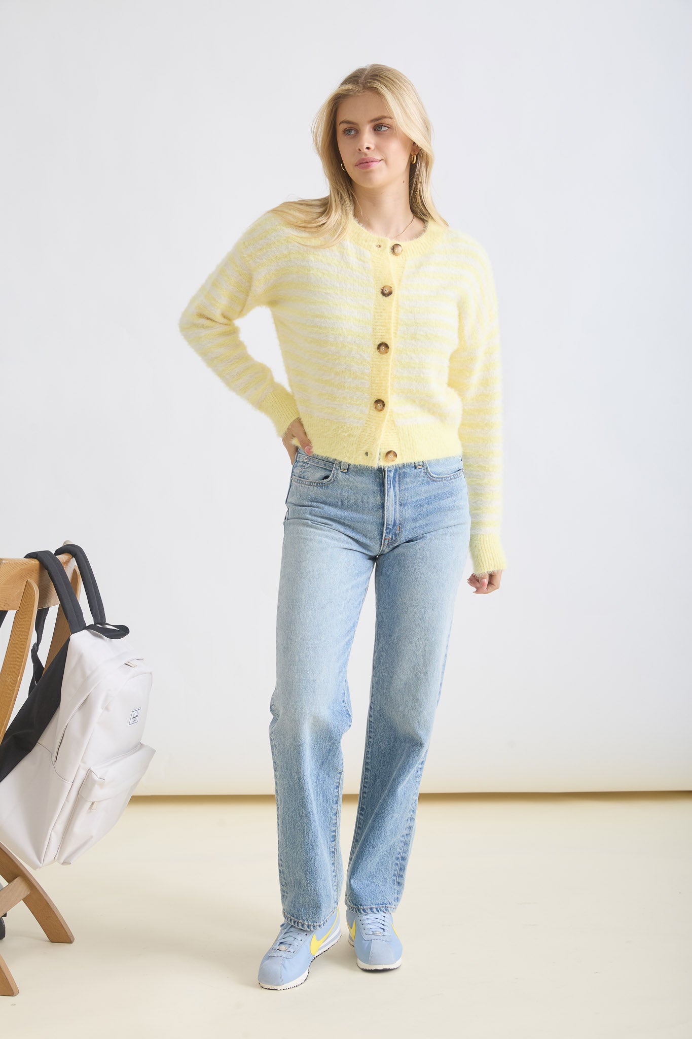 STRIPE ROUND NECK BUTTON DOWN FUZZY KNIT CARDIGAN