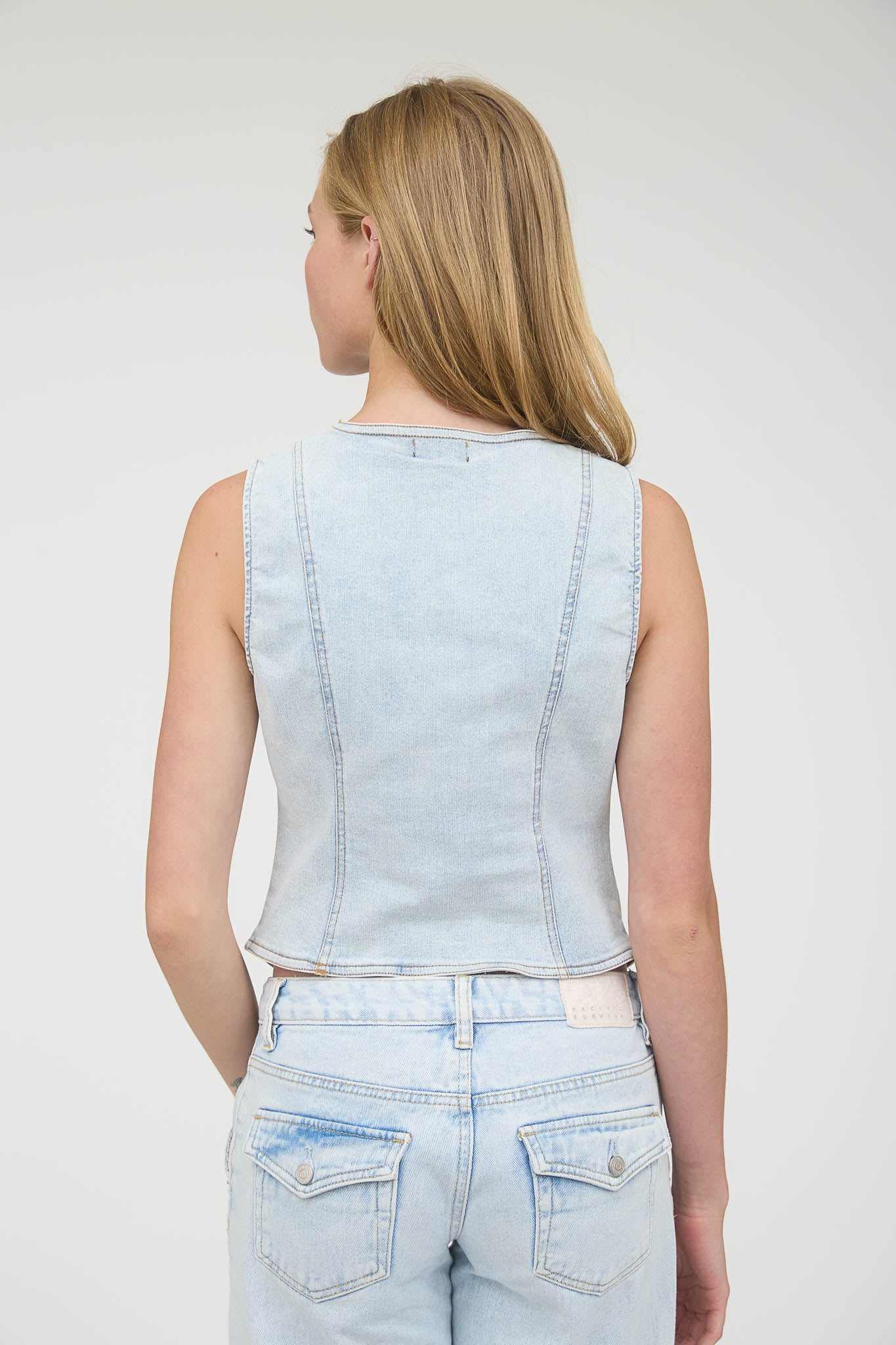 V NECK SLEEVELESS BUTTON DOWN DENIM VEST (PRE-ORDER)