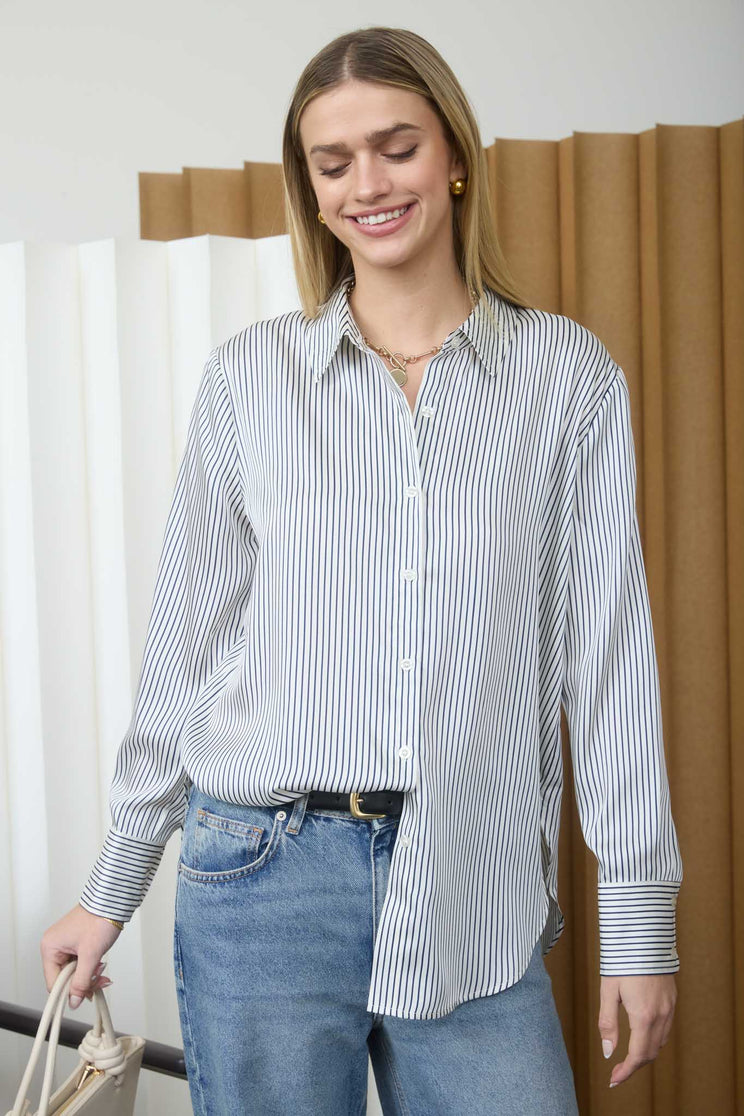 PINSTRIPE PATTERN COLLARED LONG SLEEVE SHIRT