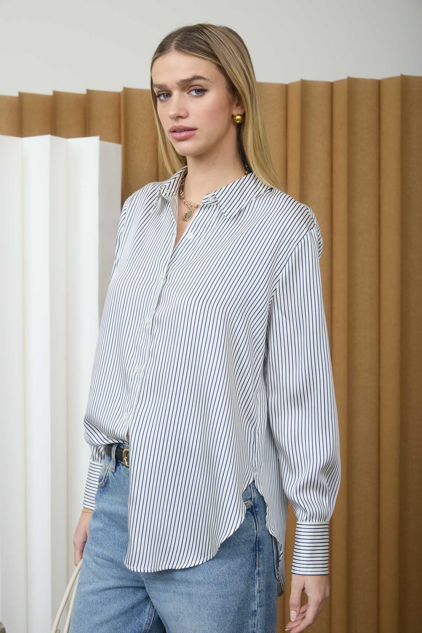 PINSTRIPE PATTERN COLLARED LONG SLEEVE SHIRT