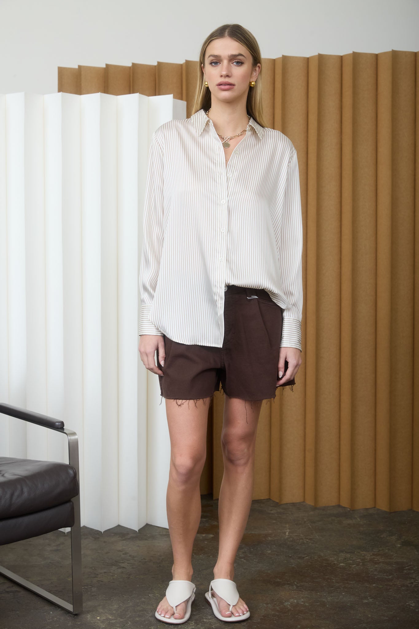 PINSTRIPE PATTERN COLLARED LONG SLEEVE SHIRT