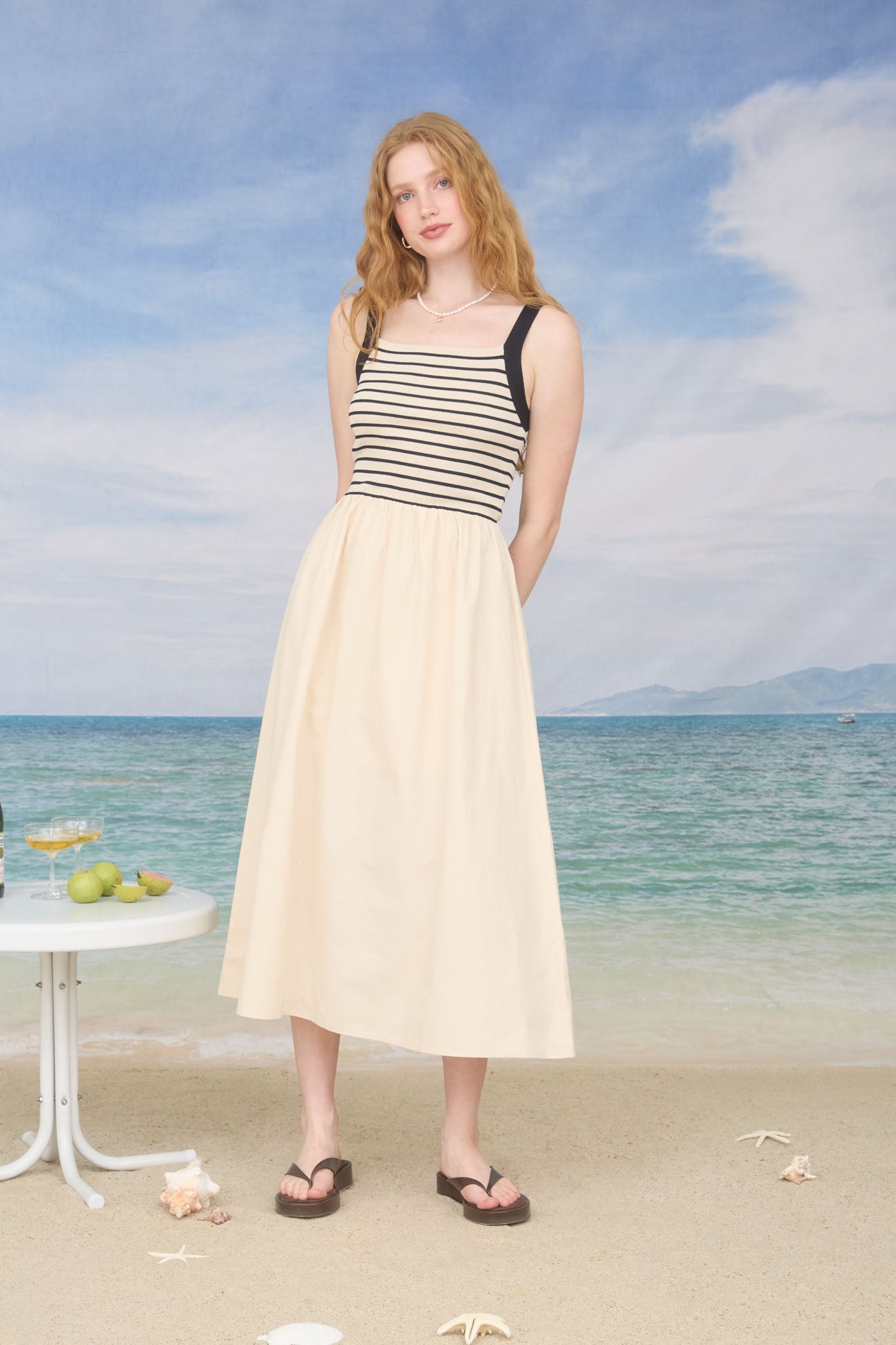NAUTICAL STRIPE MIXED MEDIA MIDI DRESS