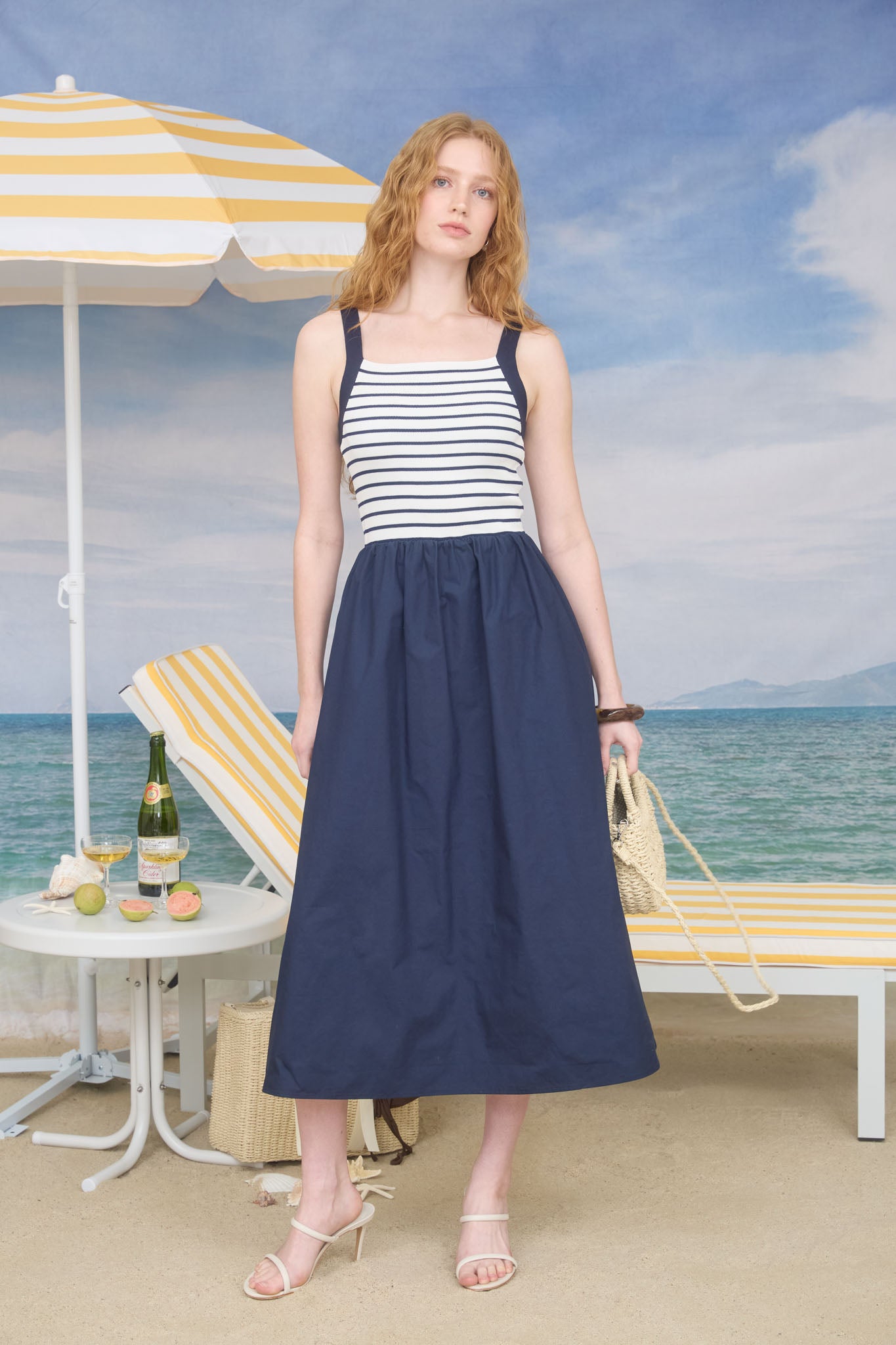 NAUTICAL STRIPE MIXED MEDIA MIDI DRESS