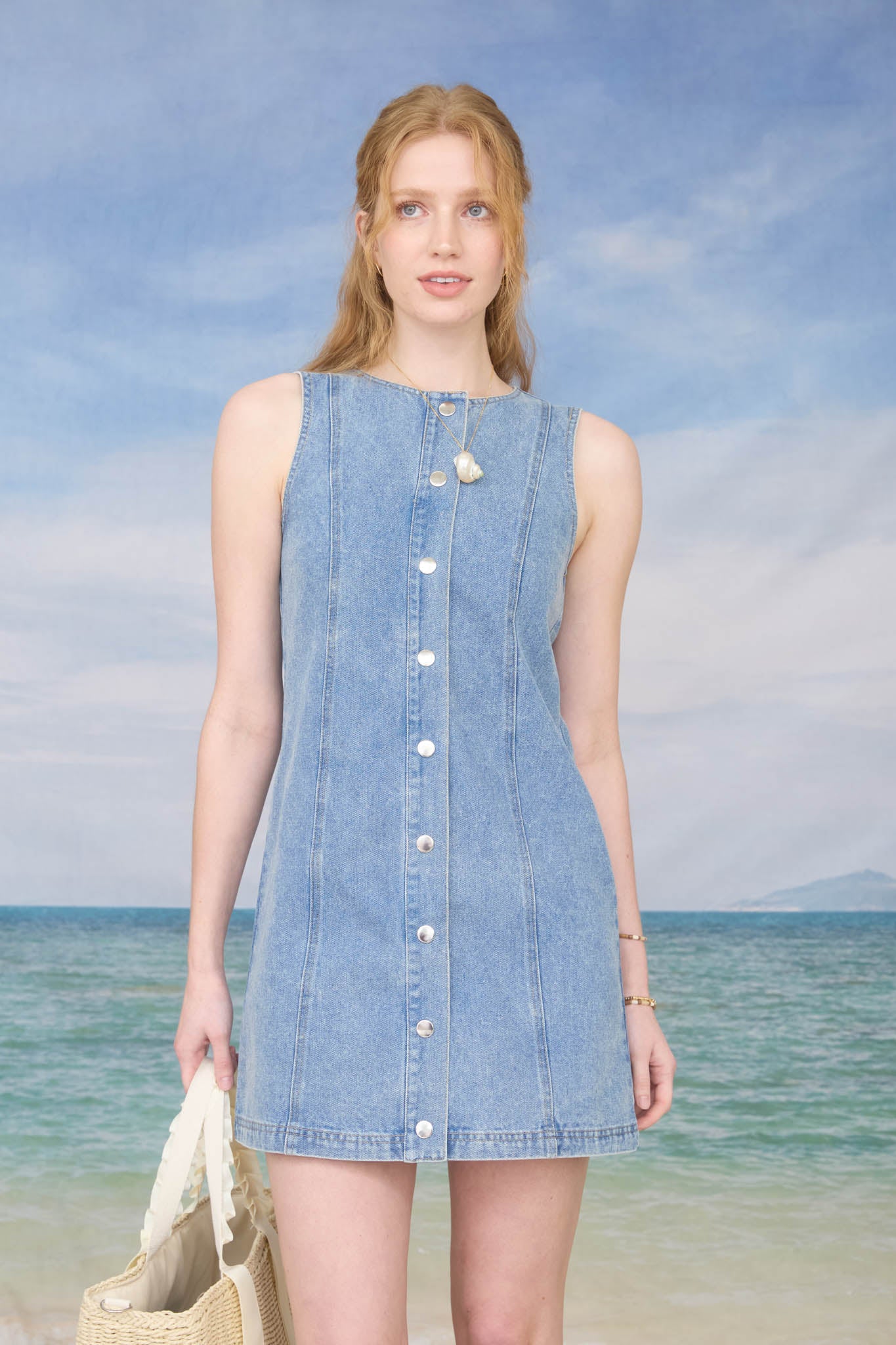 ROUND NECK SLEEVELESS BUTTON UP DENIM MINI DRESS
