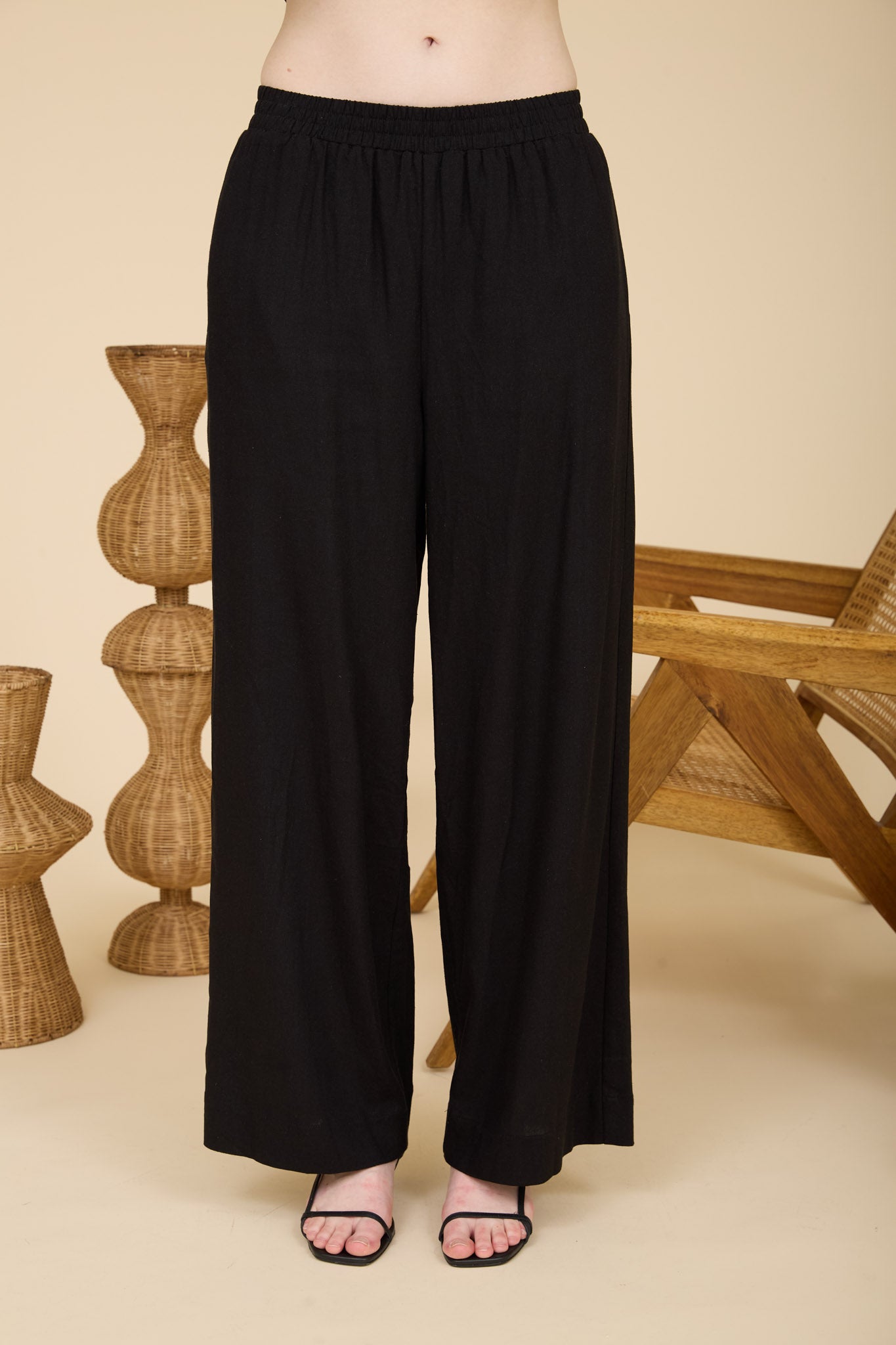 ELASTIC WAIST WIDE LEG LINEN PANTS