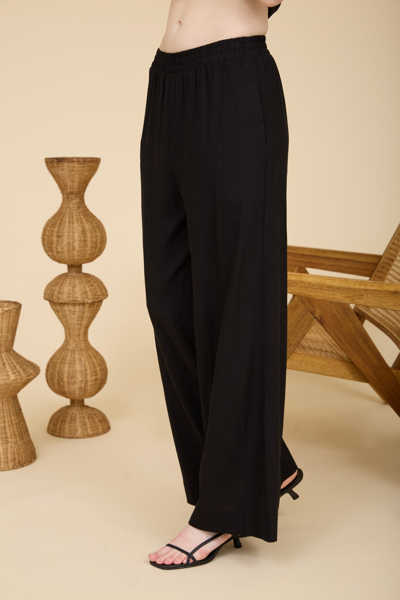 ELASTIC WAIST WIDE LEG LINEN PANTS
