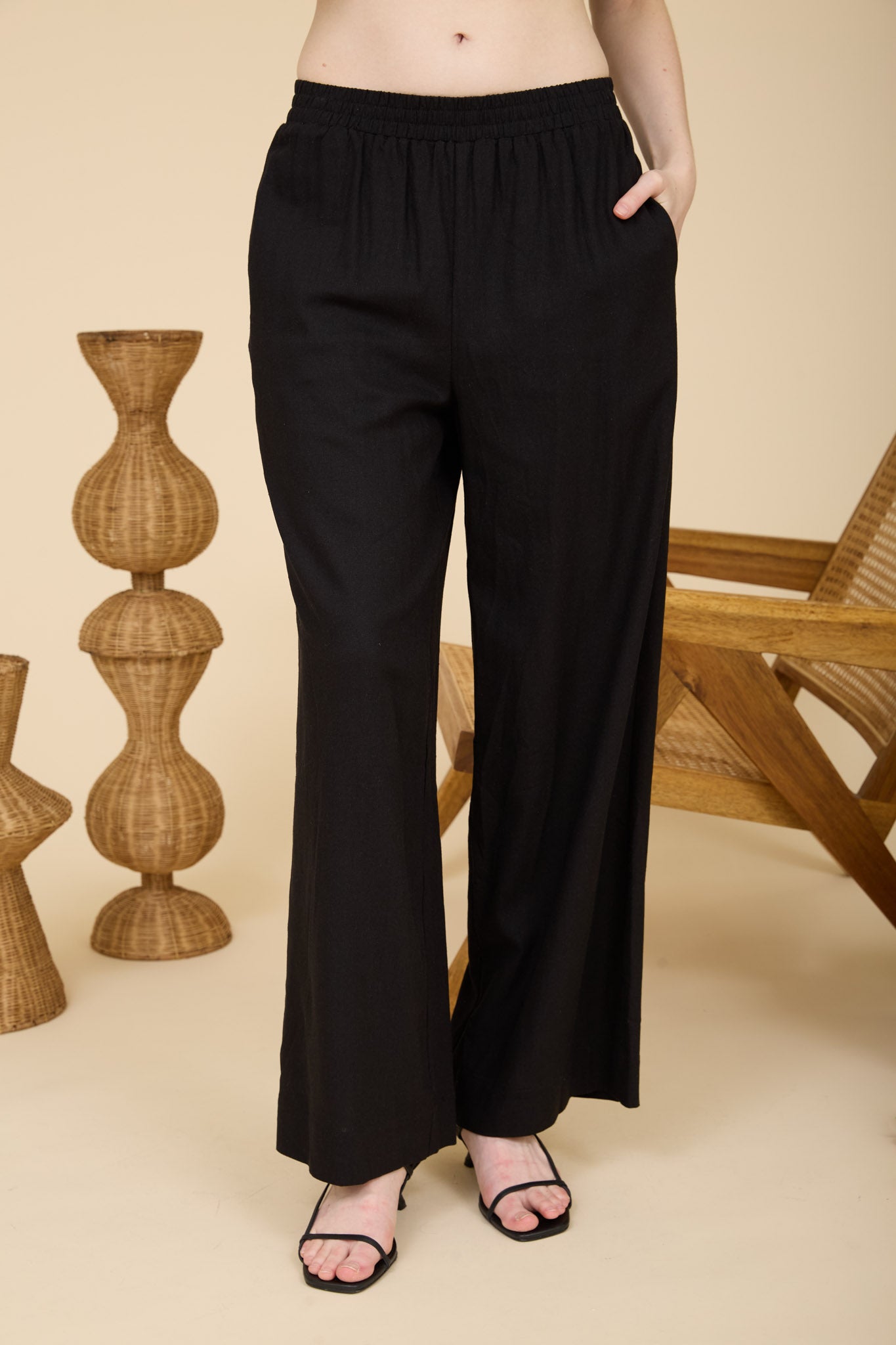 ELASTIC WAIST WIDE LEG LINEN PANTS