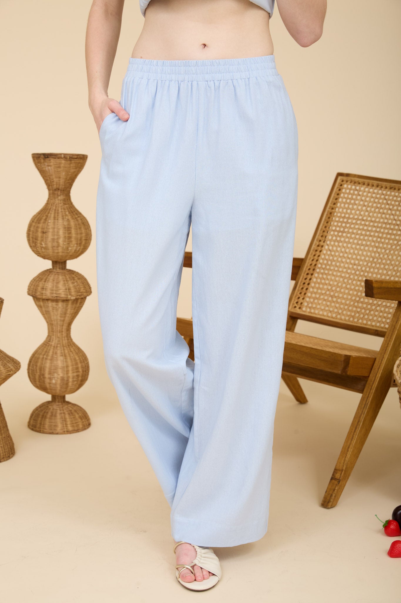 ELASTIC WAIST WIDE LEG LINEN PANTS