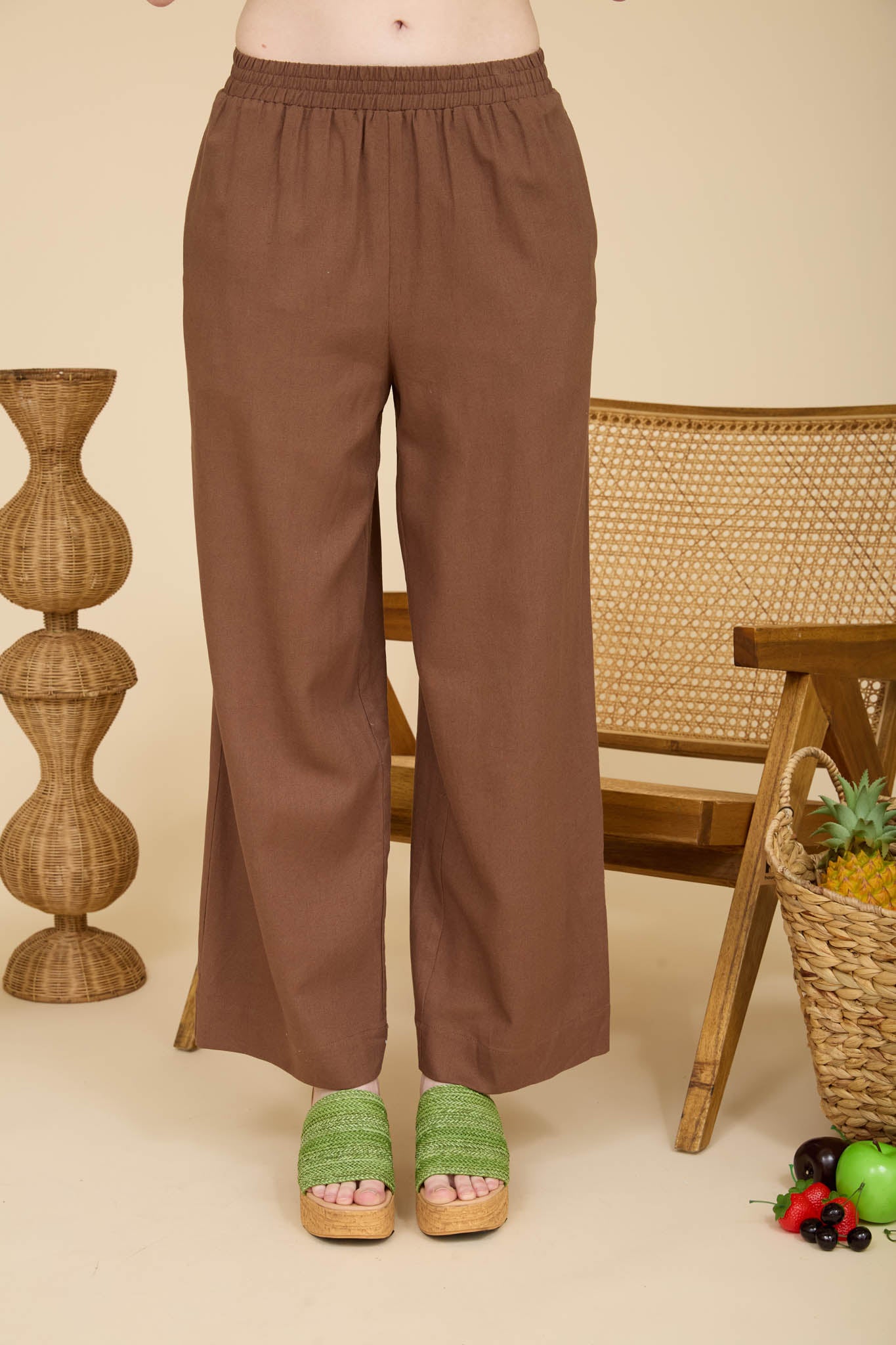 ELASTIC WAIST WIDE LEG LINEN PANTS