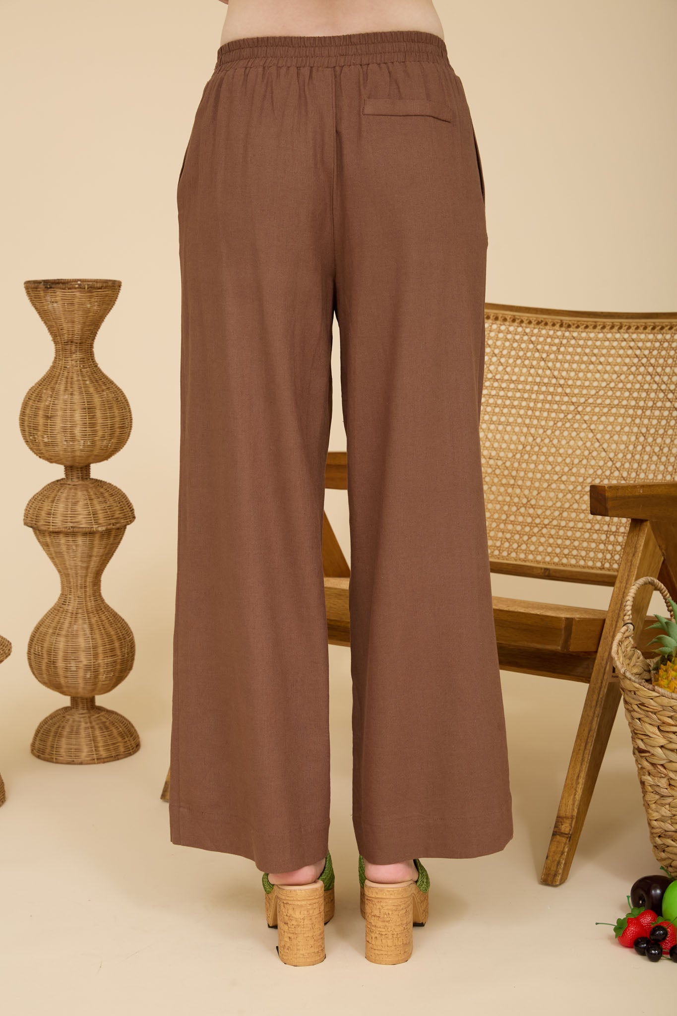 ELASTIC WAIST WIDE LEG LINEN PANTS