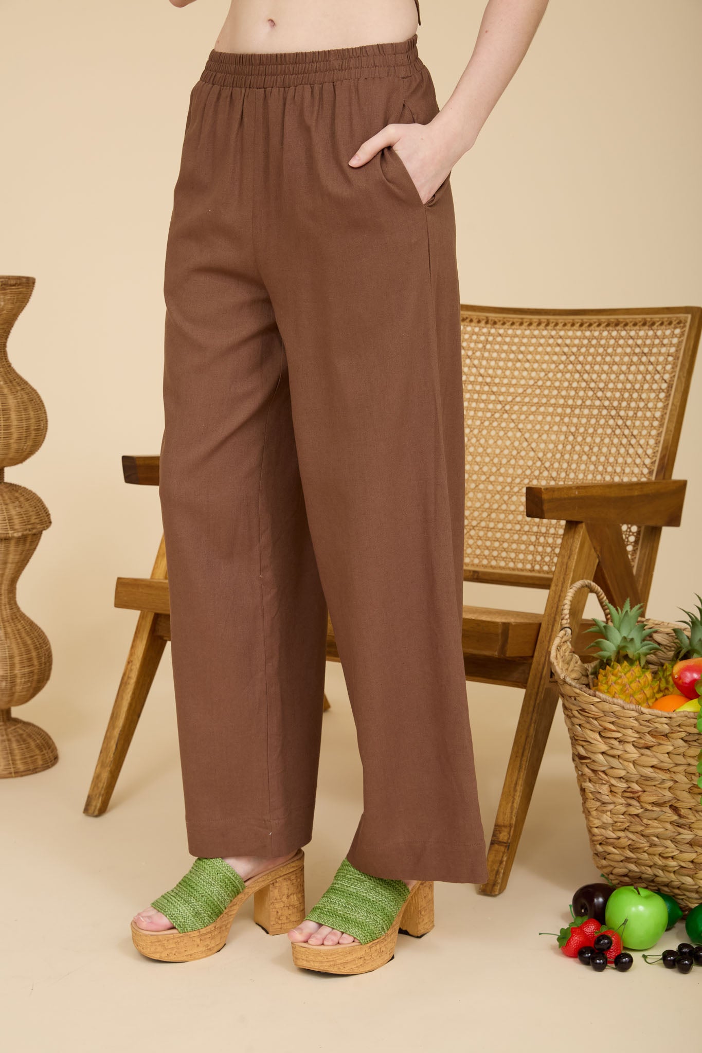 ELASTIC WAIST WIDE LEG LINEN PANTS