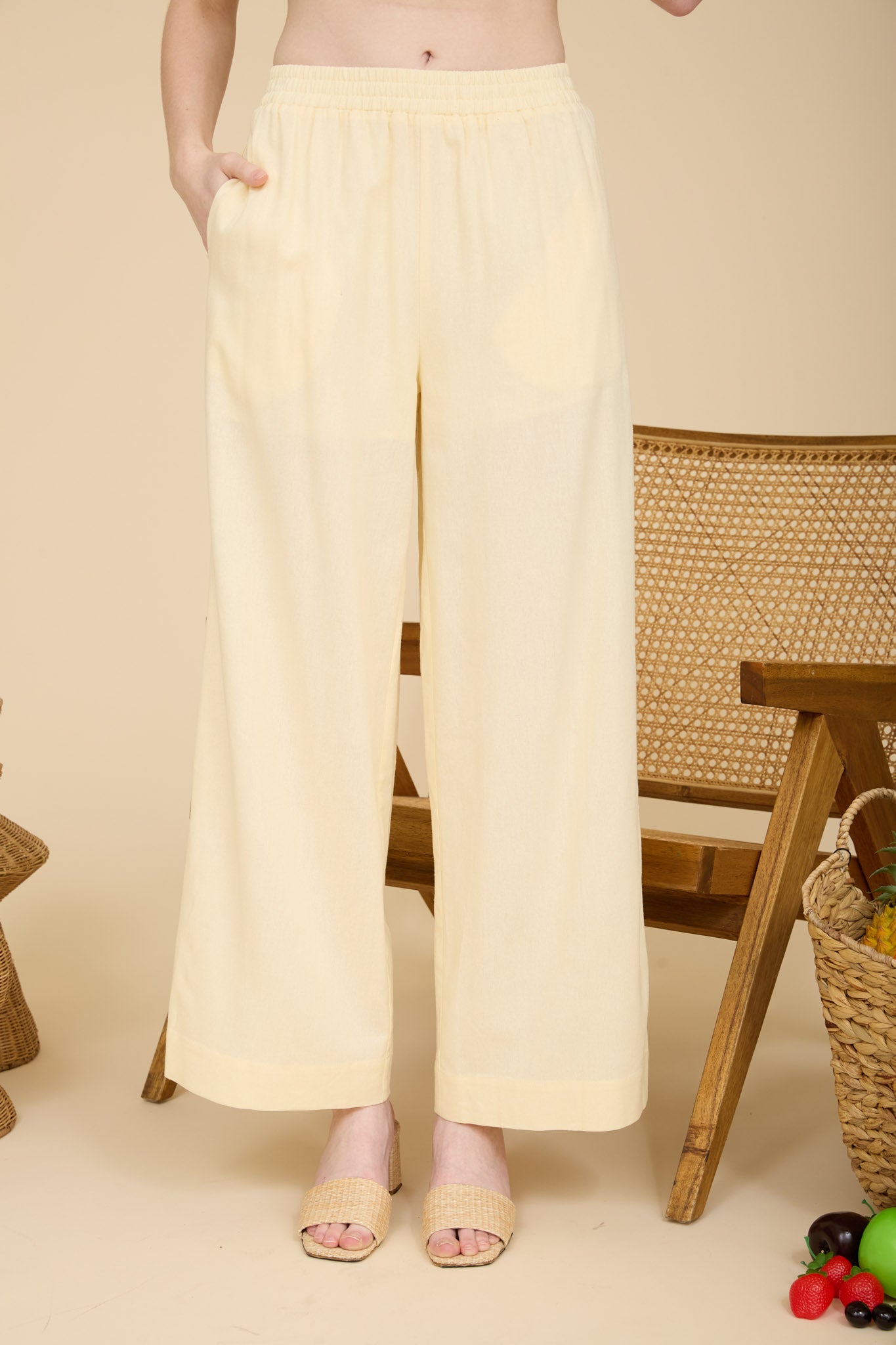 ELASTIC WAIST WIDE LEG LINEN PANTS