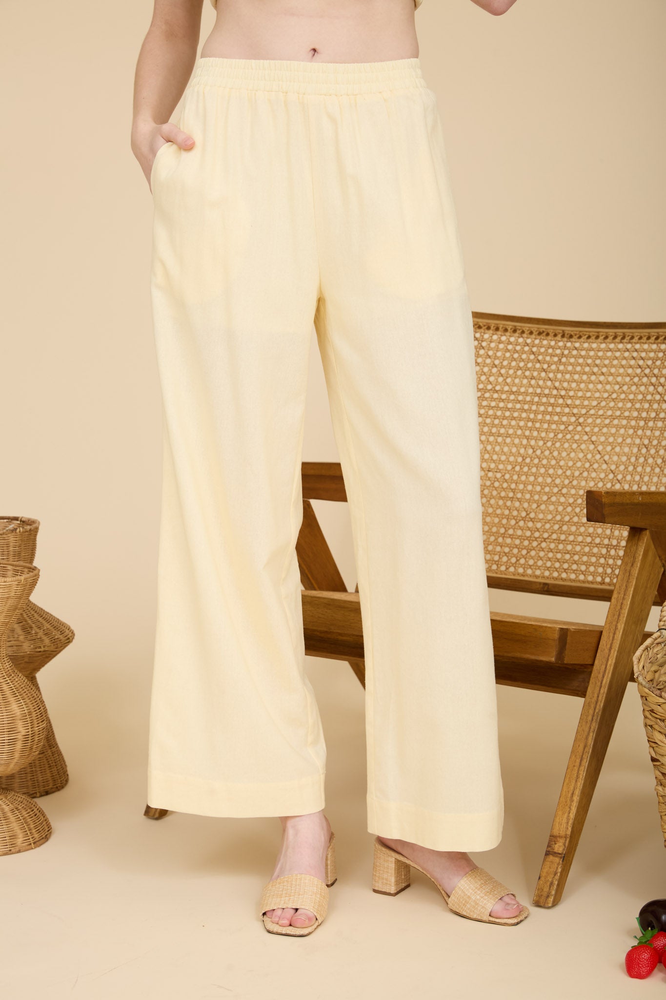 ELASTIC WAIST WIDE LEG LINEN PANTS