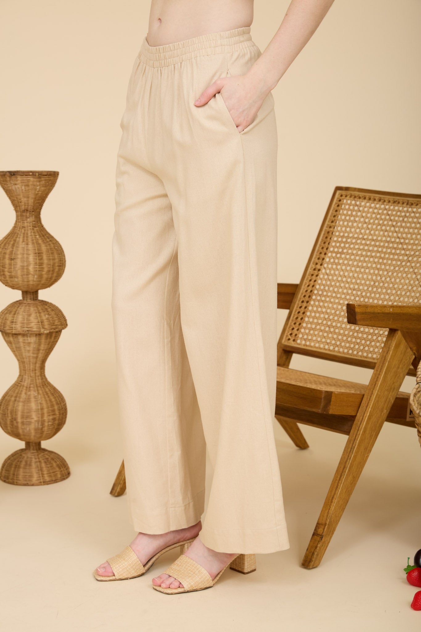 ELASTIC WAIST WIDE LEG LINEN PANTS