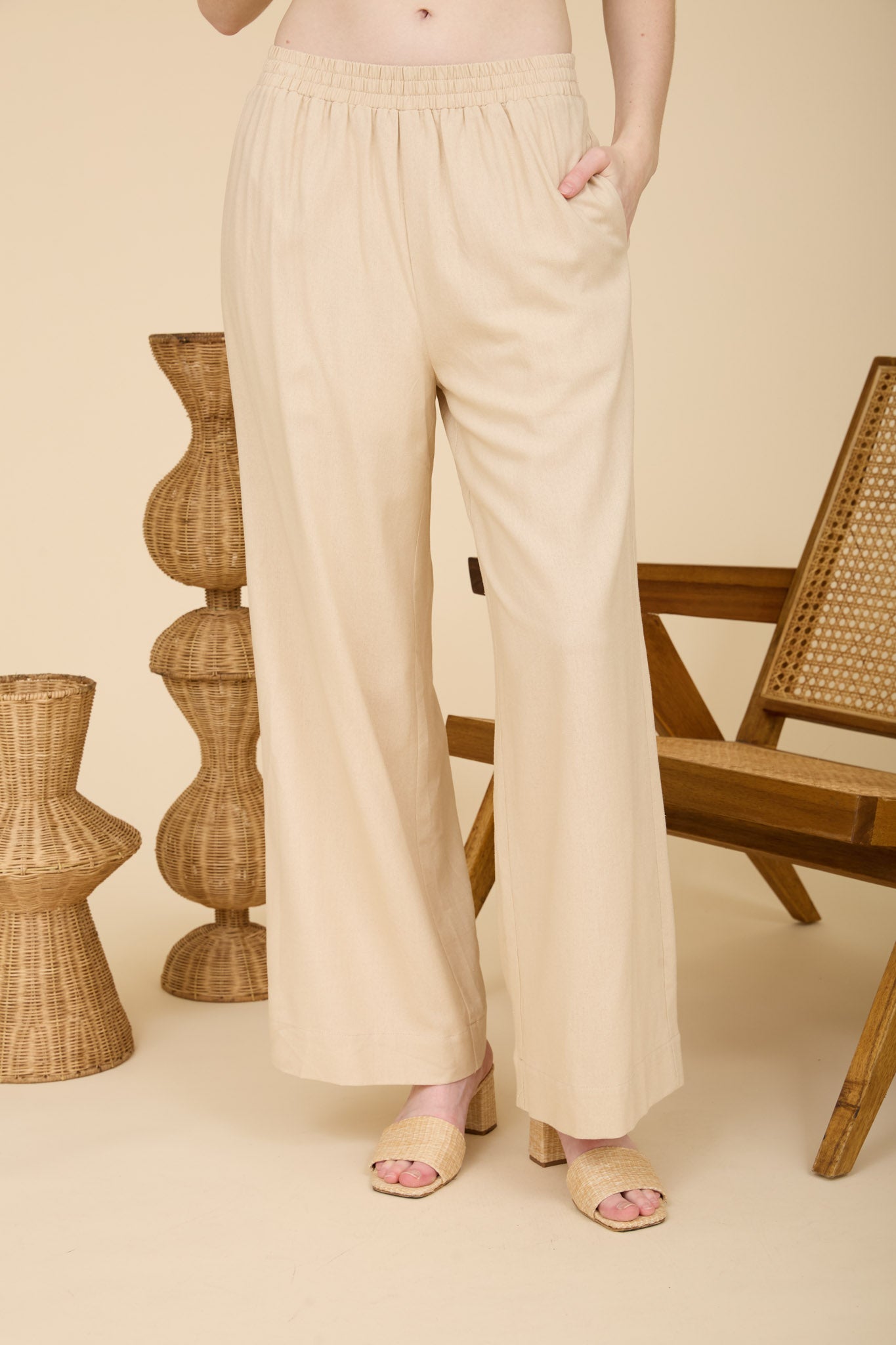 ELASTIC WAIST WIDE LEG LINEN PANTS