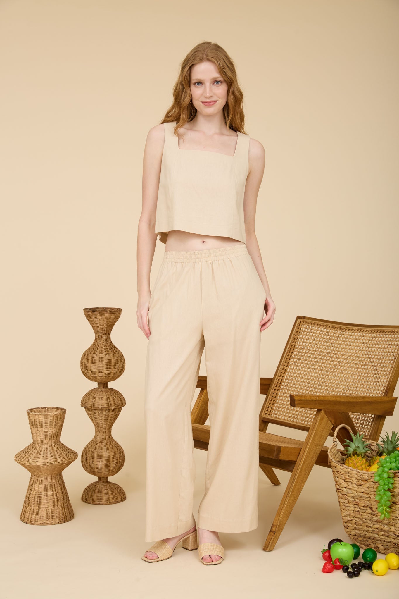 ELASTIC WAIST WIDE LEG LINEN PANTS