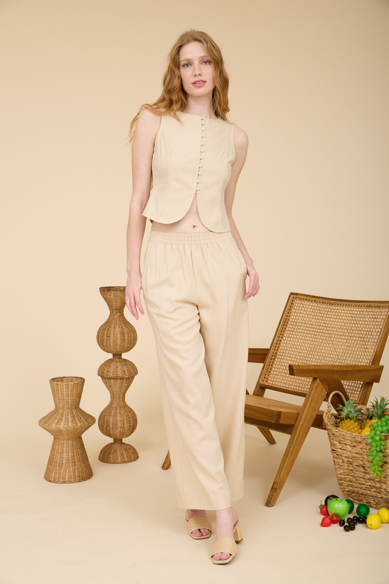 ELASTIC WAIST WIDE LEG LINEN PANTS