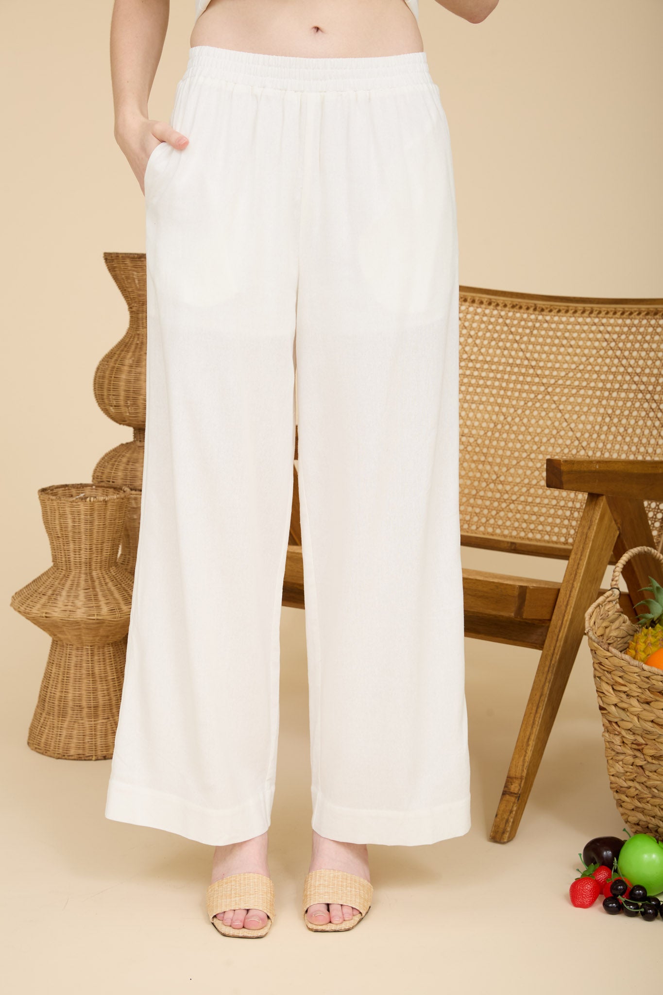 ELASTIC WAIST WIDE LEG LINEN PANTS