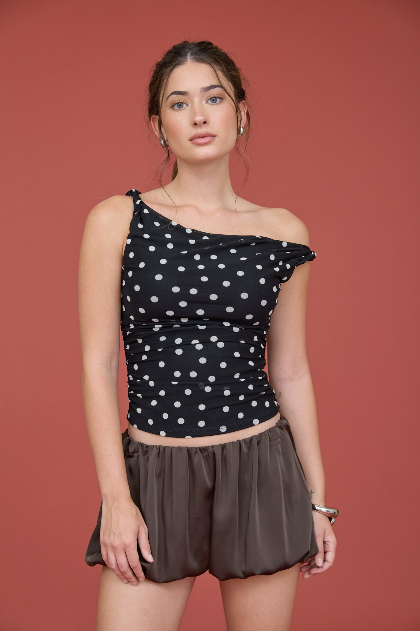POLKA DOT ASYMMETRICAL TWIST DETAIL MESH KNIT TOP