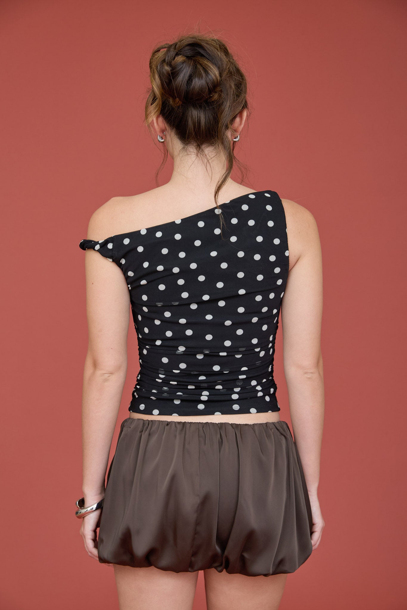 POLKA DOT ASYMMETRICAL TWIST DETAIL MESH KNIT TOP