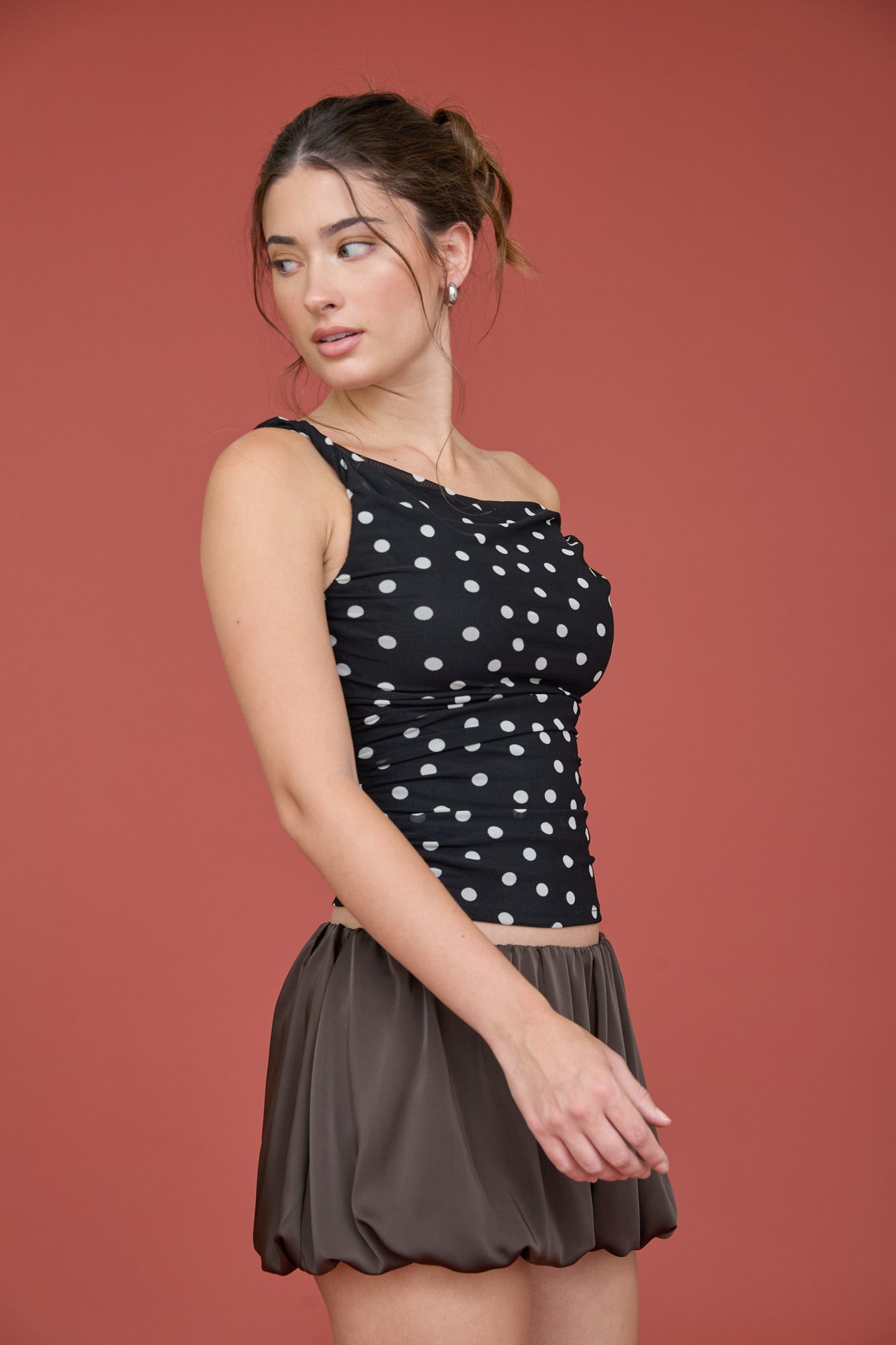 POLKA DOT ASYMMETRICAL TWIST DETAIL MESH KNIT TOP