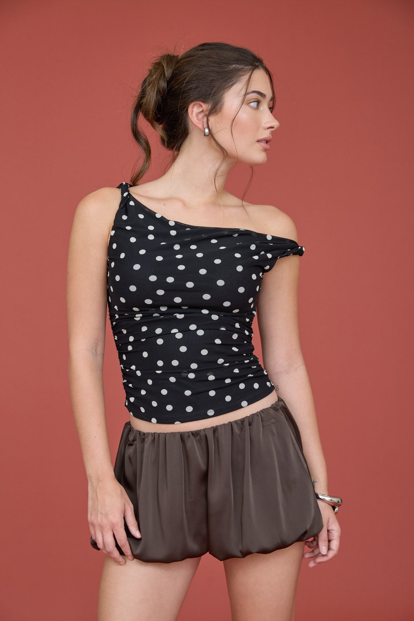 POLKA DOT ASYMMETRICAL TWIST DETAIL MESH KNIT TOP