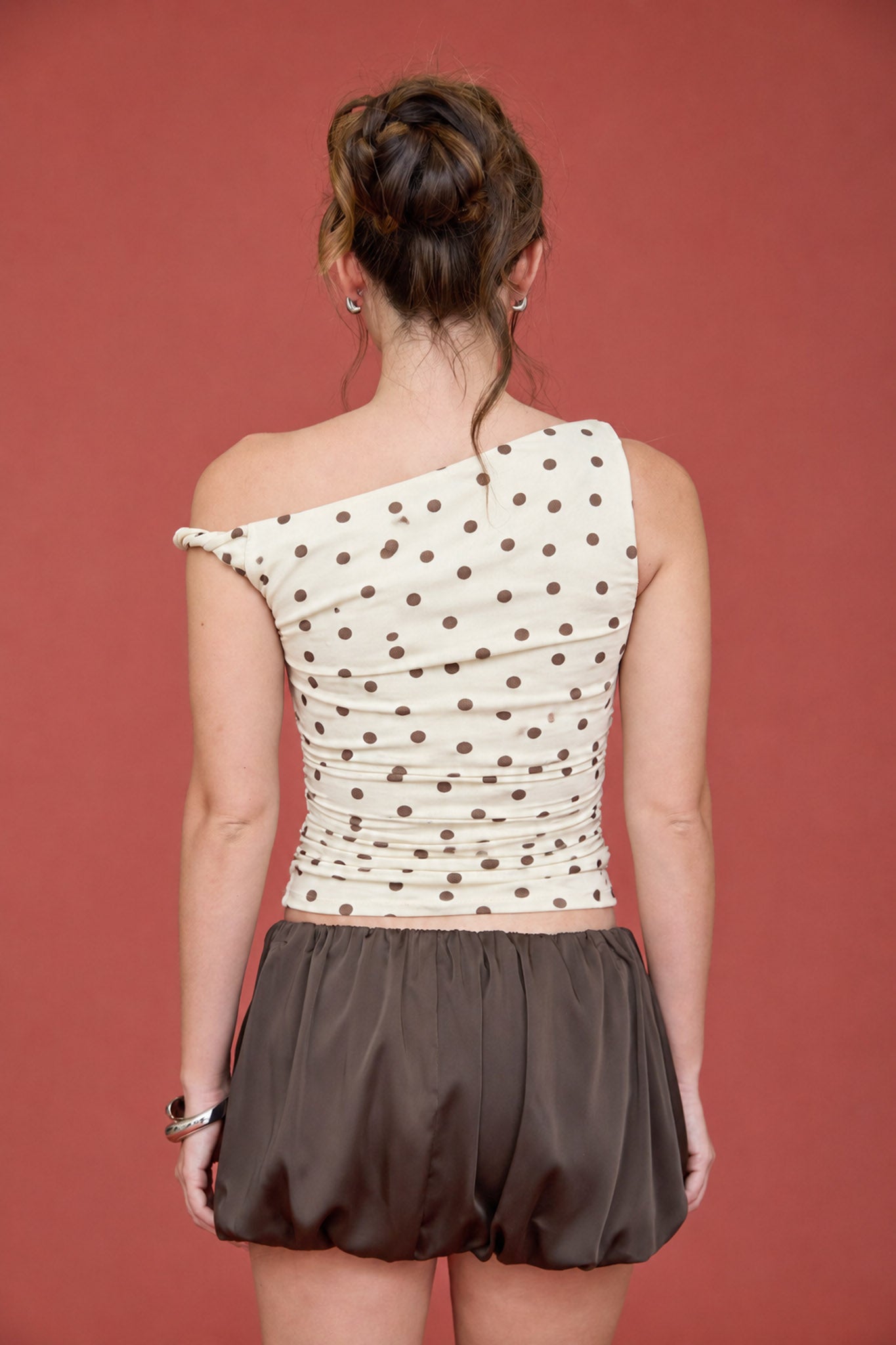 POLKA DOT ASYMMETRICAL TWIST DETAIL MESH KNIT TOP