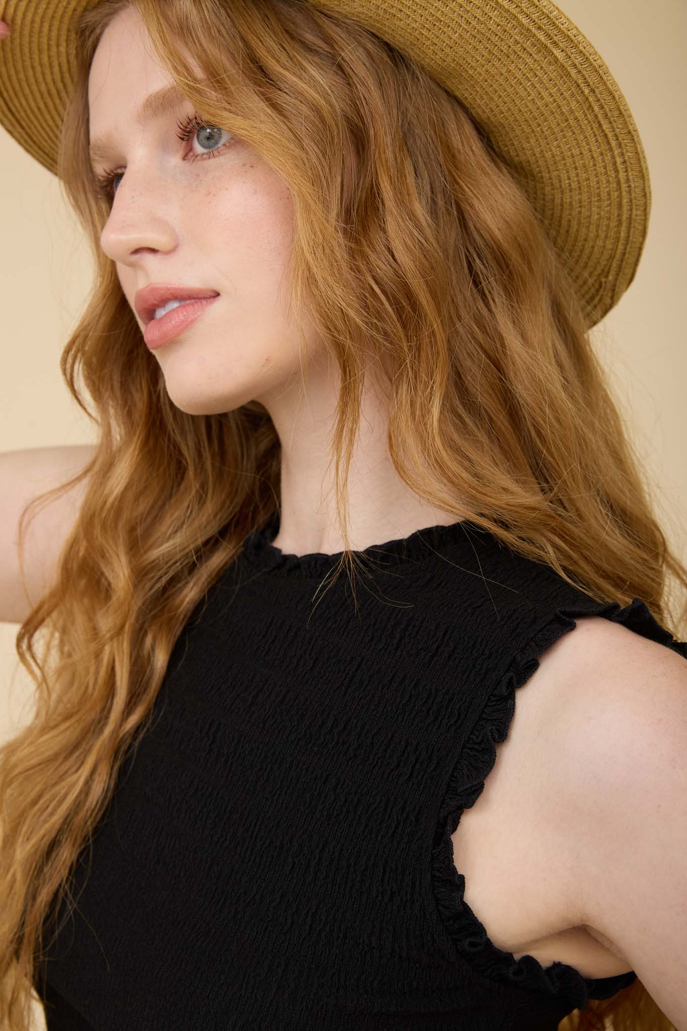 SMOCKED RUFFLE TRIM SLEEVELESS TOP (PRE-ORDER)