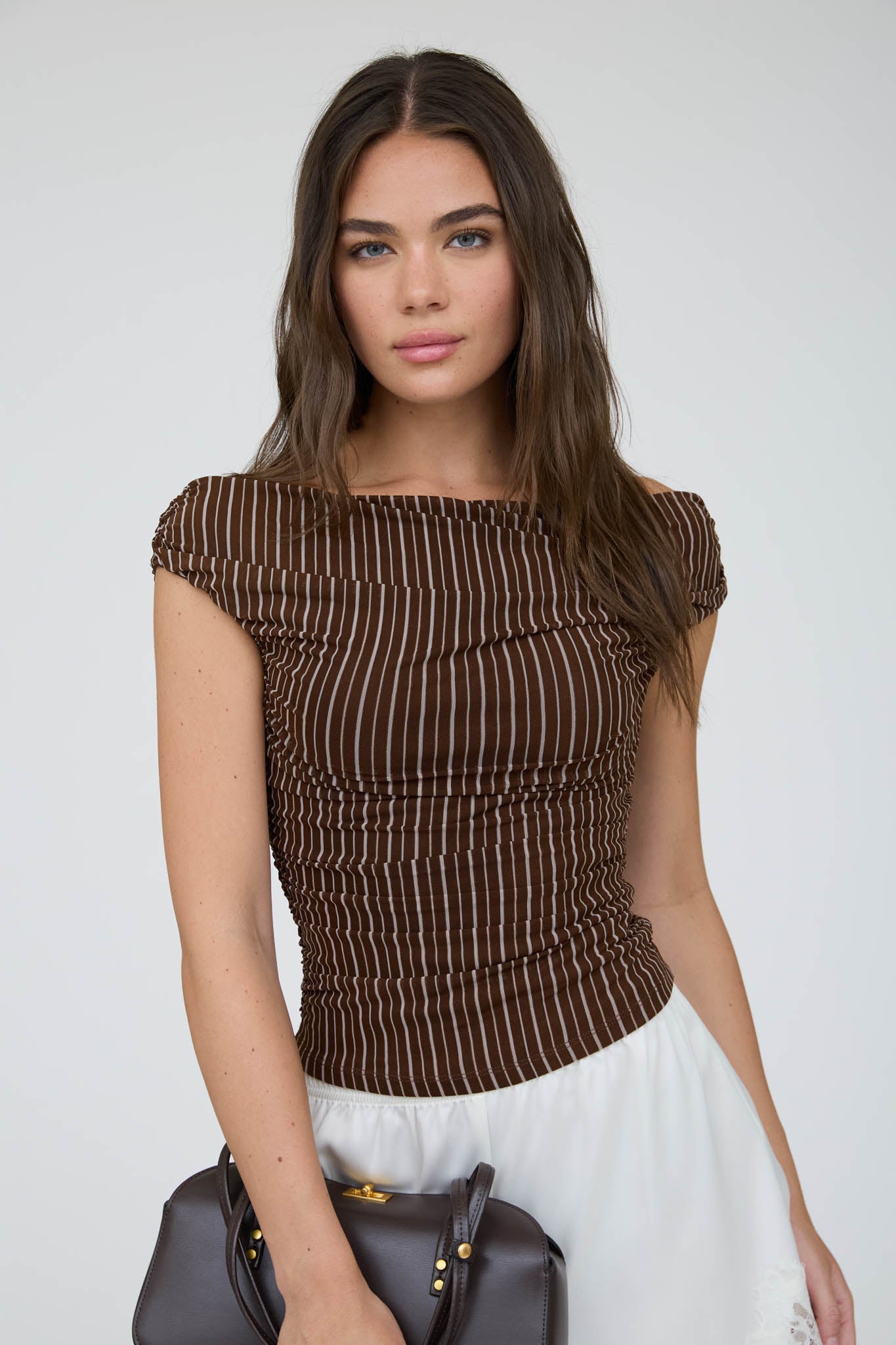 STRIPE OFF THE SHOULDER RUCHED DETAIL KNIT TOP