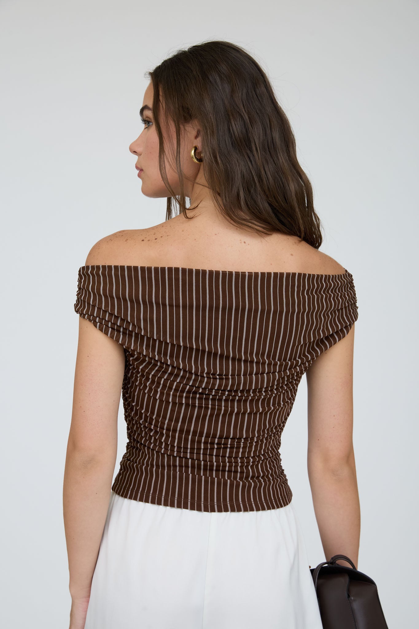 STRIPE OFF THE SHOULDER RUCHED DETAIL KNIT TOP