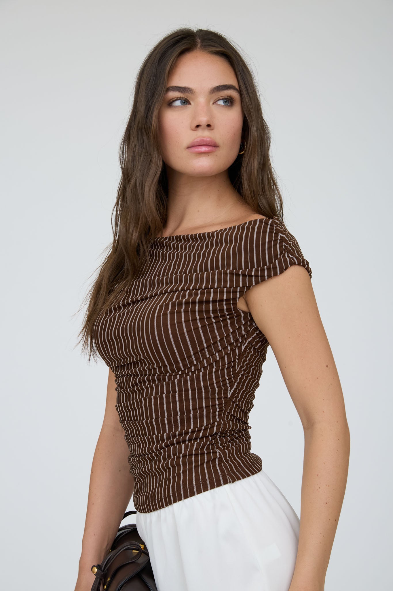 STRIPE OFF THE SHOULDER RUCHED DETAIL KNIT TOP
