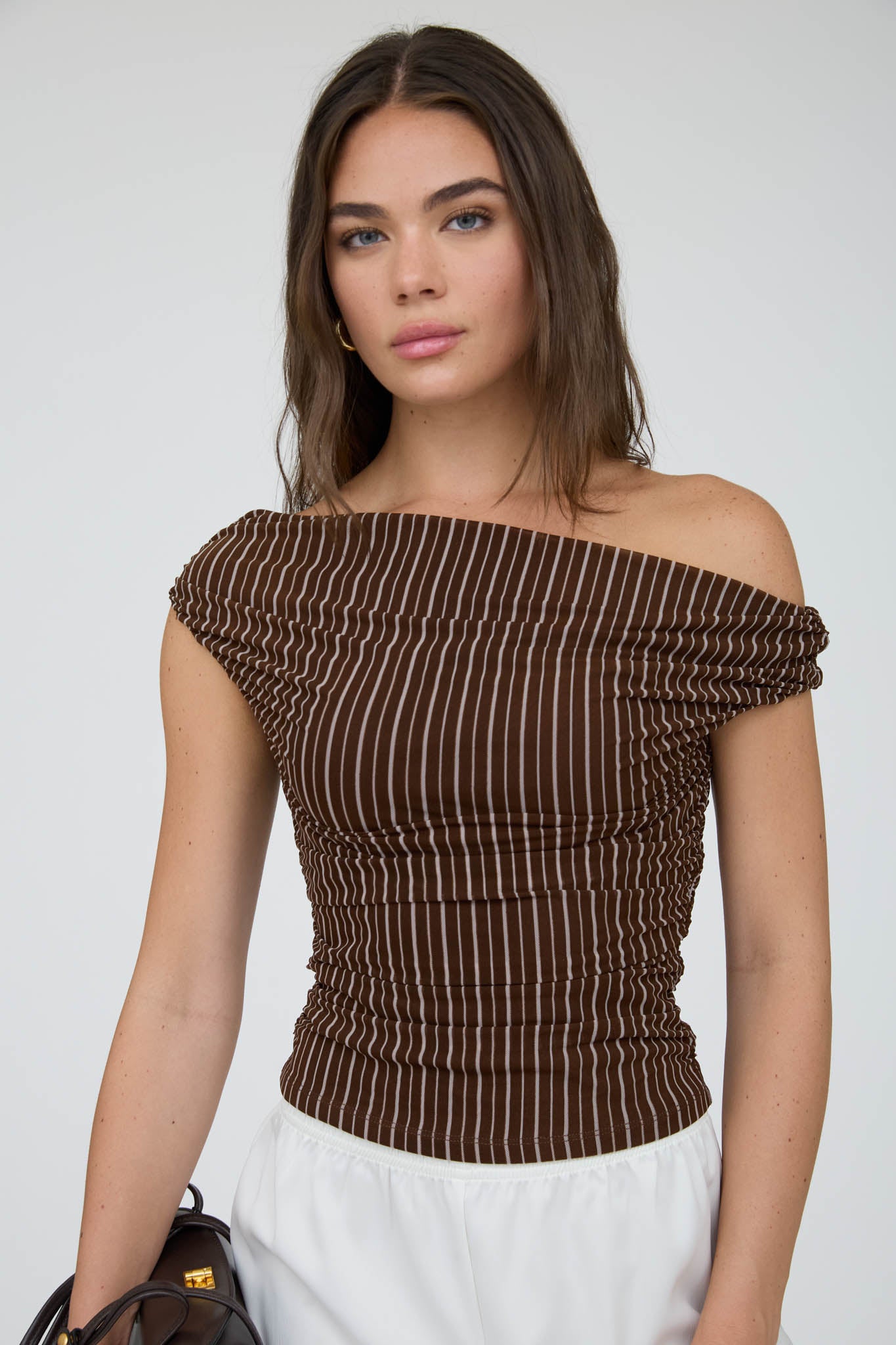 STRIPE OFF THE SHOULDER RUCHED DETAIL KNIT TOP