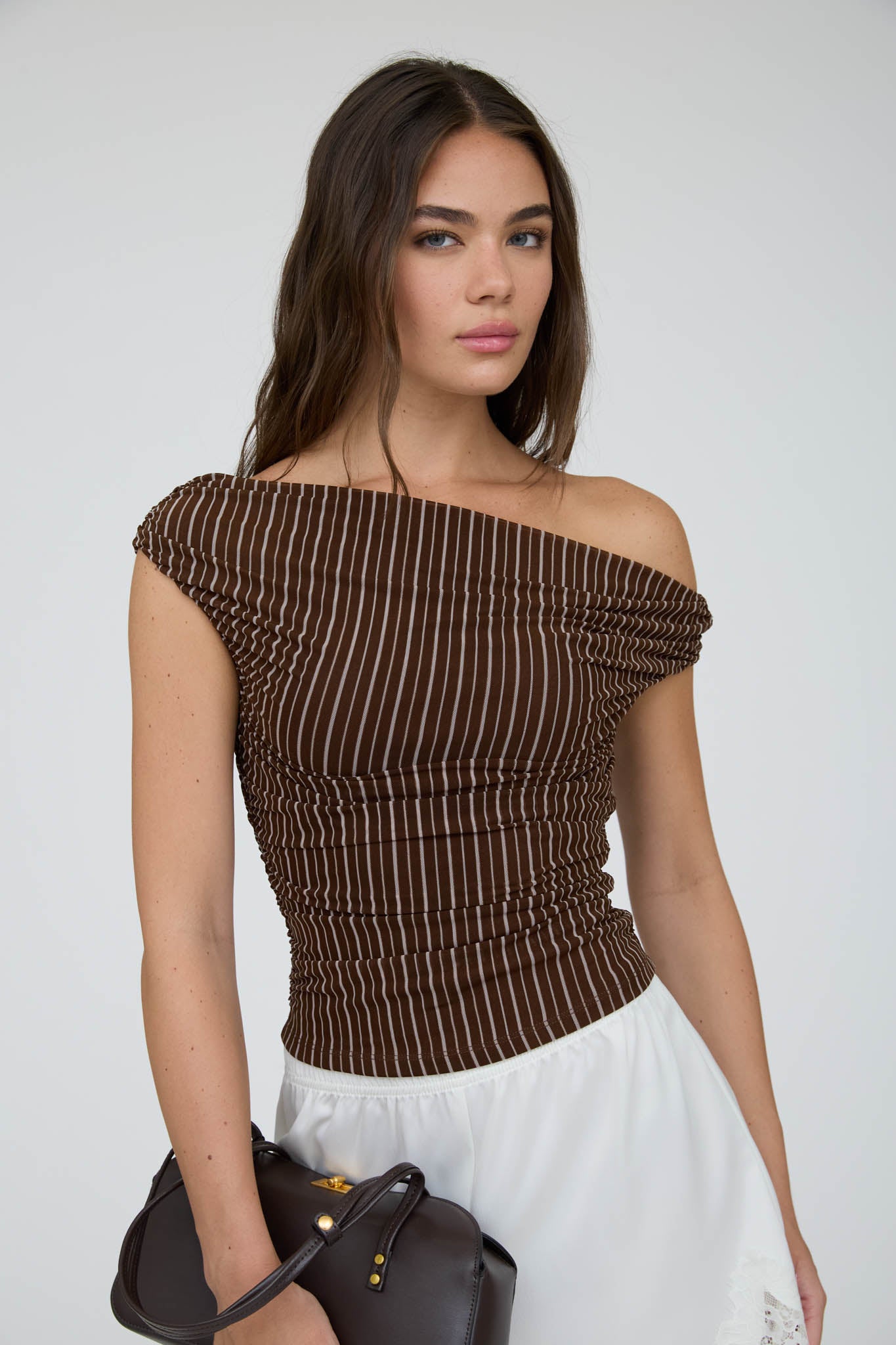 STRIPE OFF THE SHOULDER RUCHED DETAIL KNIT TOP