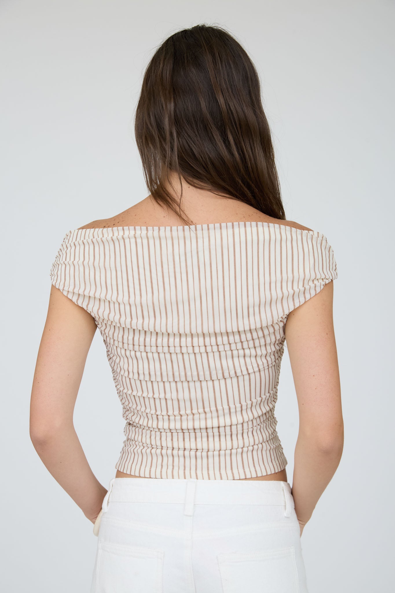 STRIPE OFF THE SHOULDER RUCHED DETAIL KNIT TOP