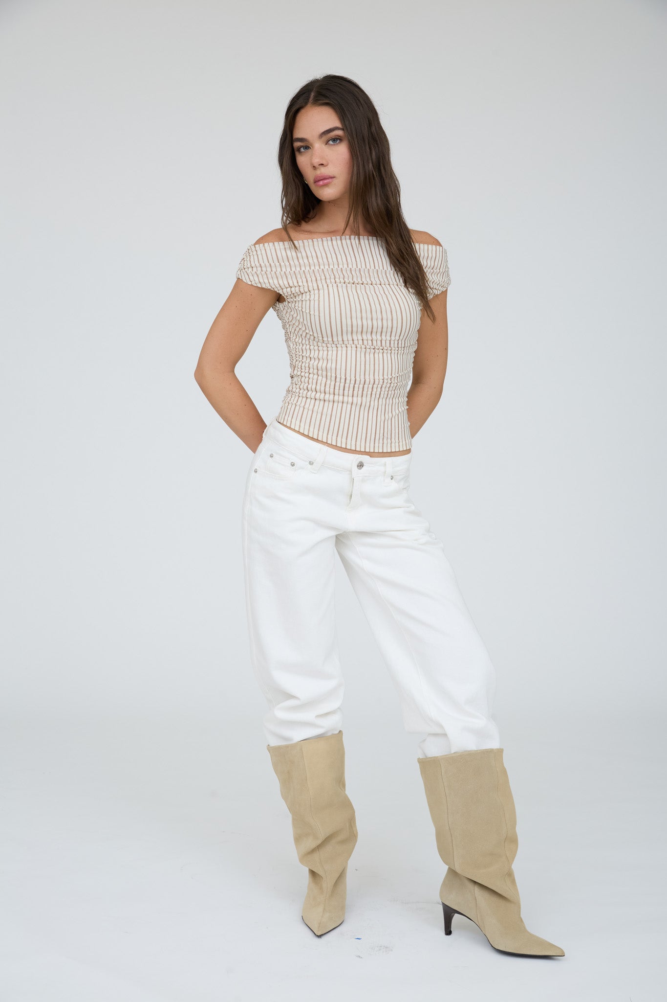 STRIPE OFF THE SHOULDER RUCHED DETAIL KNIT TOP