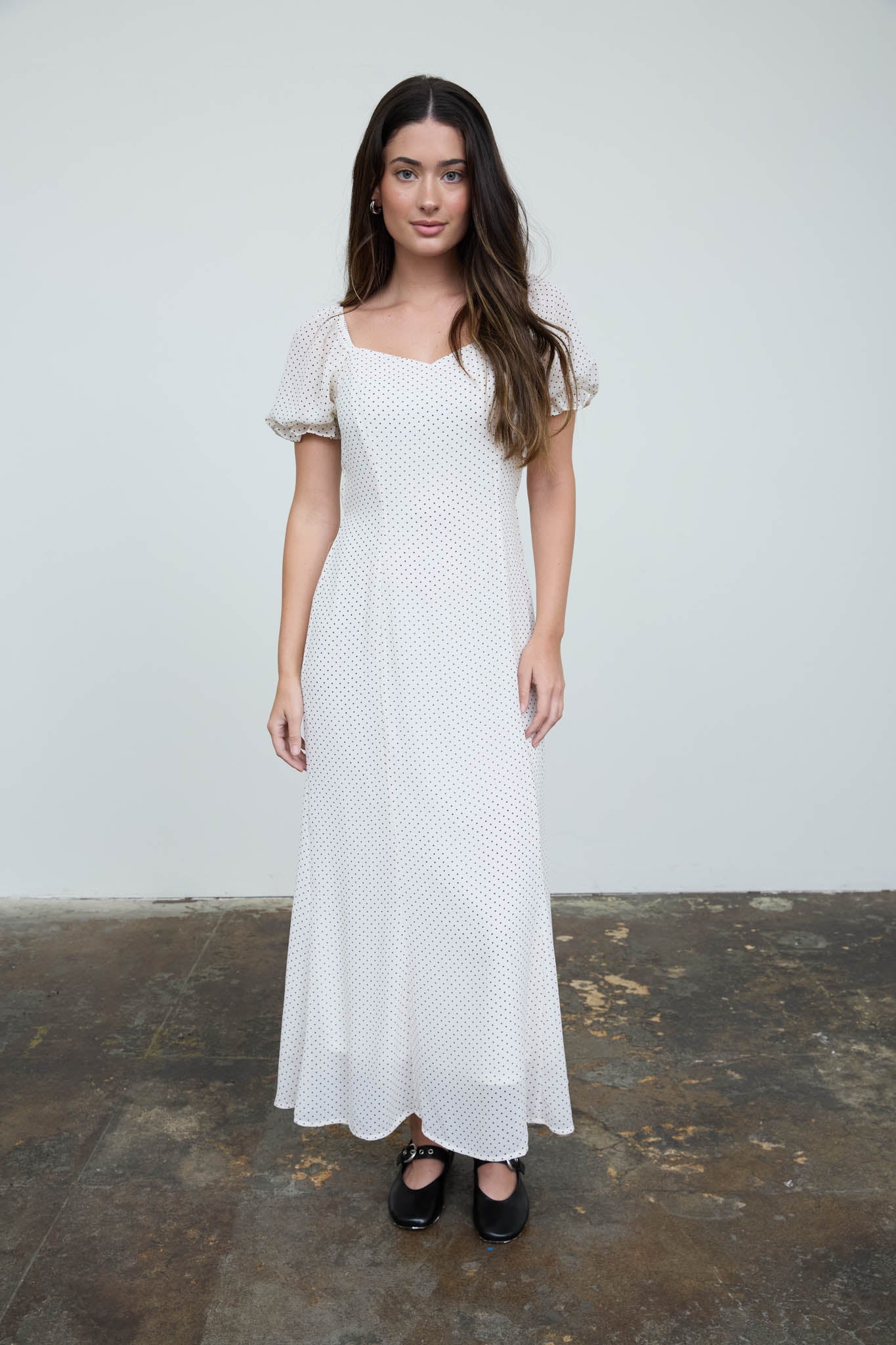POLKA DOT SWEETHEART PUFF SLEEVE MESH MIDI DRESS