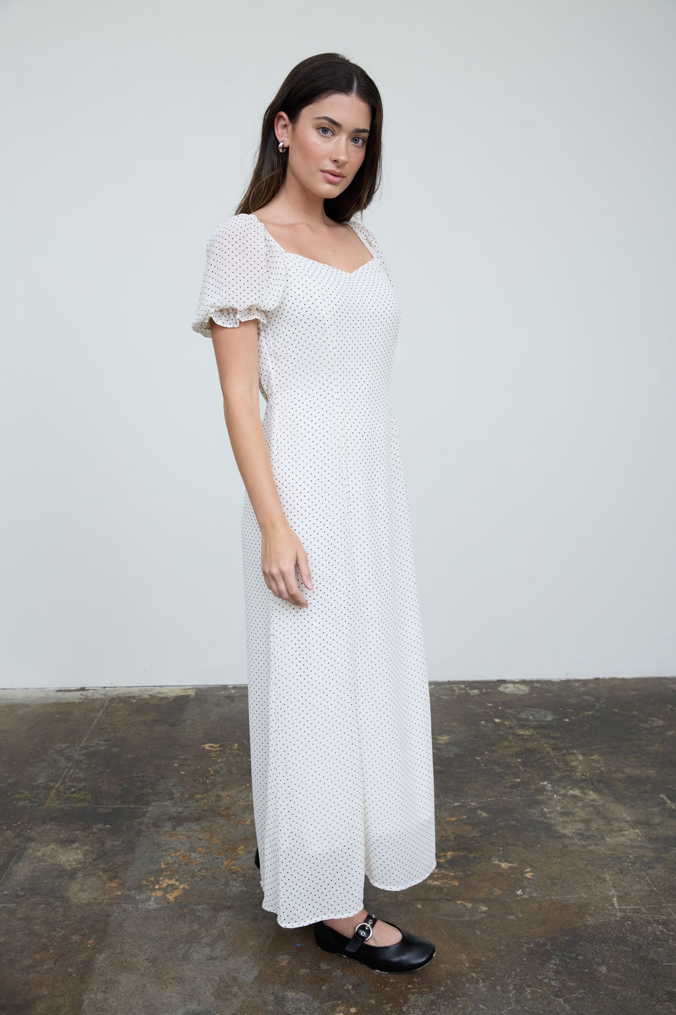 POLKA DOT SWEETHEART PUFF SLEEVE MESH MIDI DRESS