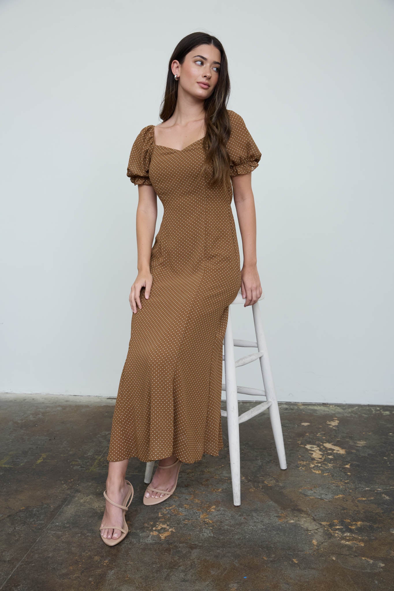 POLKA DOT SWEETHEART PUFF SLEEVE MESH MIDI DRESS
