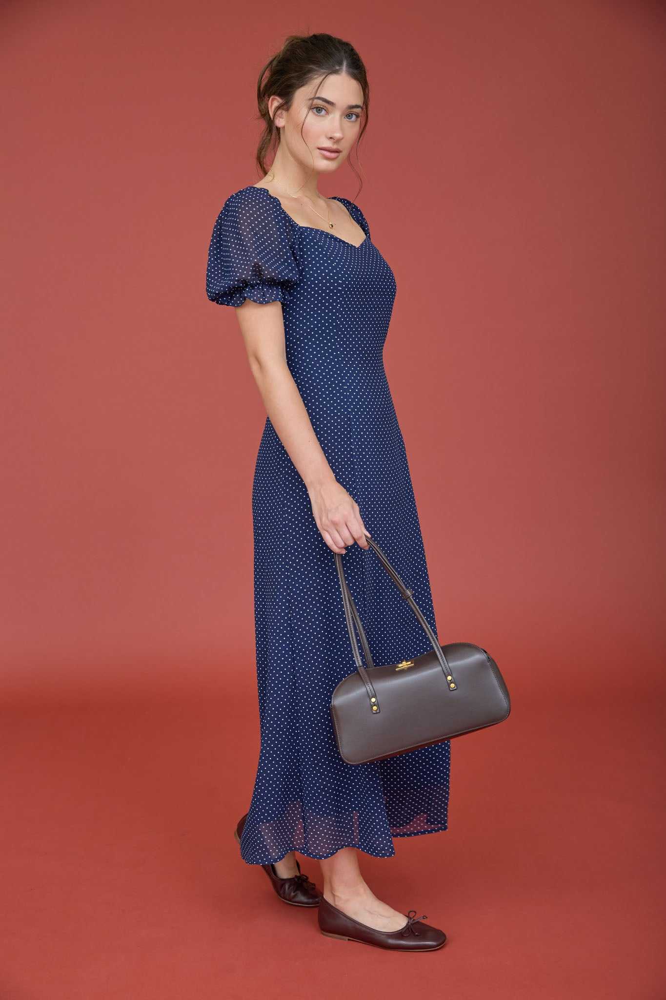 POLKA DOT SWEETHEART PUFF SLEEVE MESH MIDI DRESS